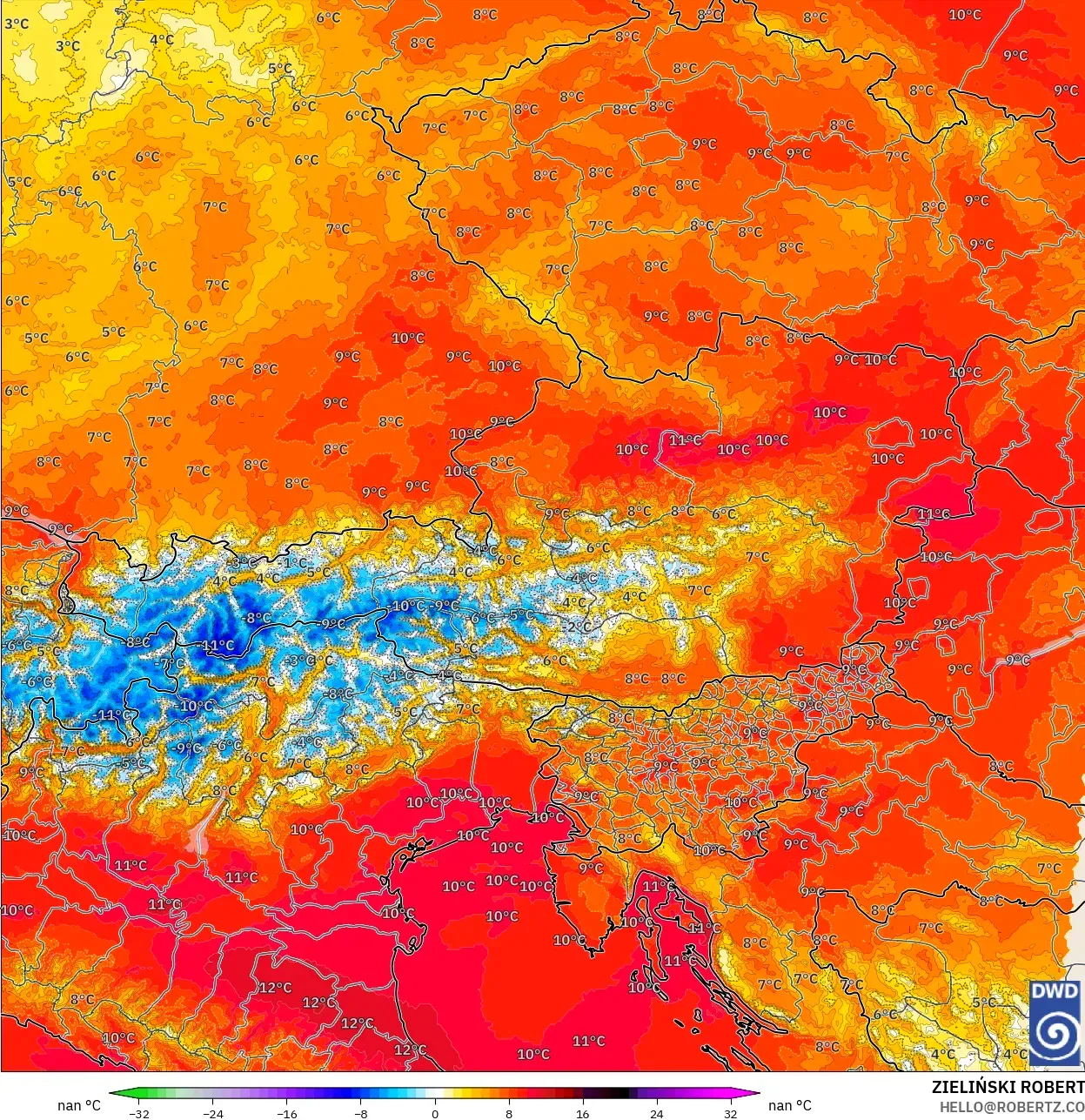 ICON Alemania 2 km modelo - Austria, Anomalía de temperatura a 850 hPa