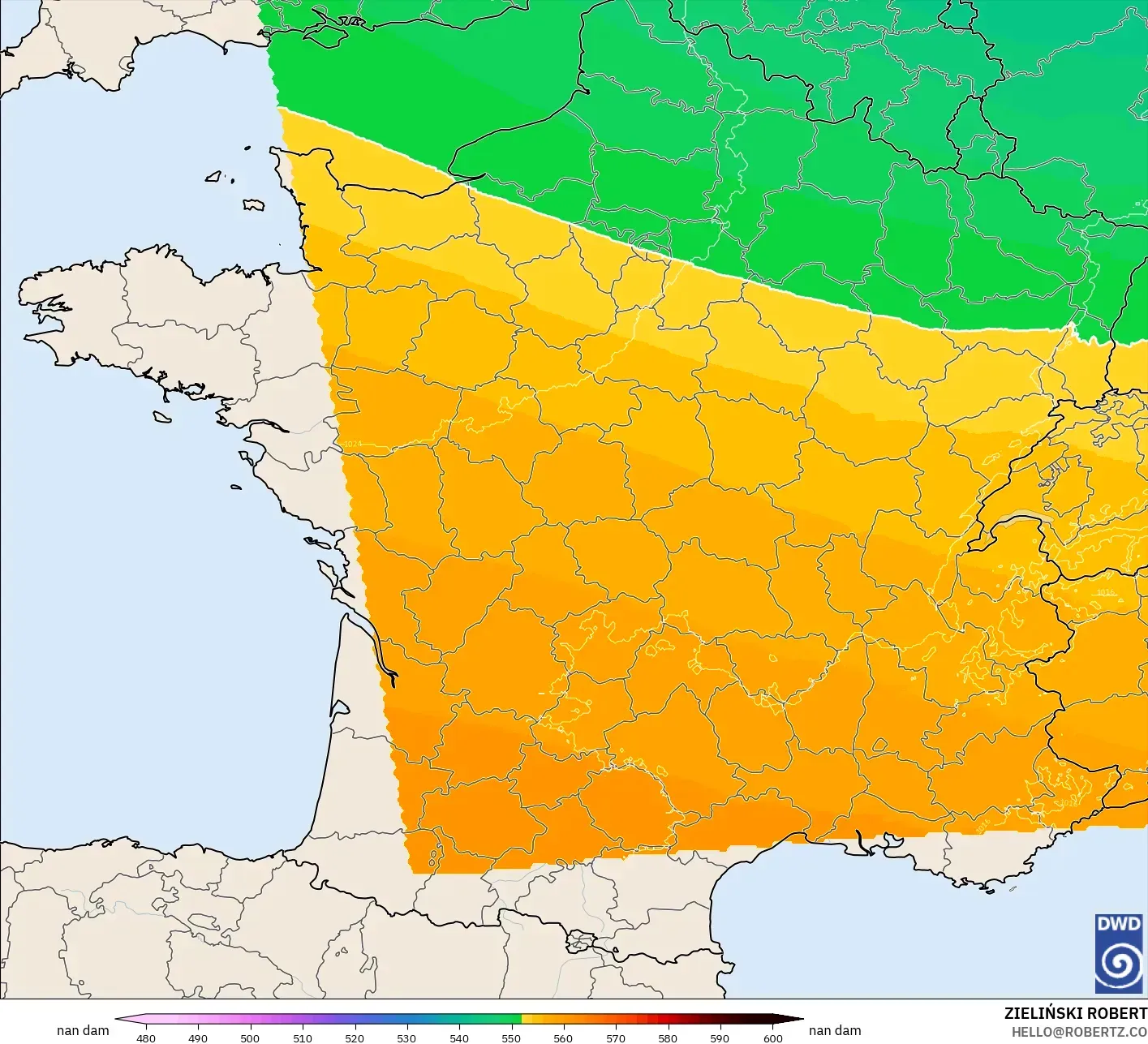 ICON Alemania 2 km modelo - Francia, Altura geopotencial a 500 hPa