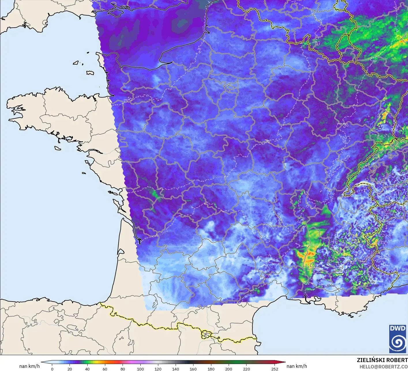 ICON Alemania 2 km modelo - Francia, Ráfagas de Viento Máximas