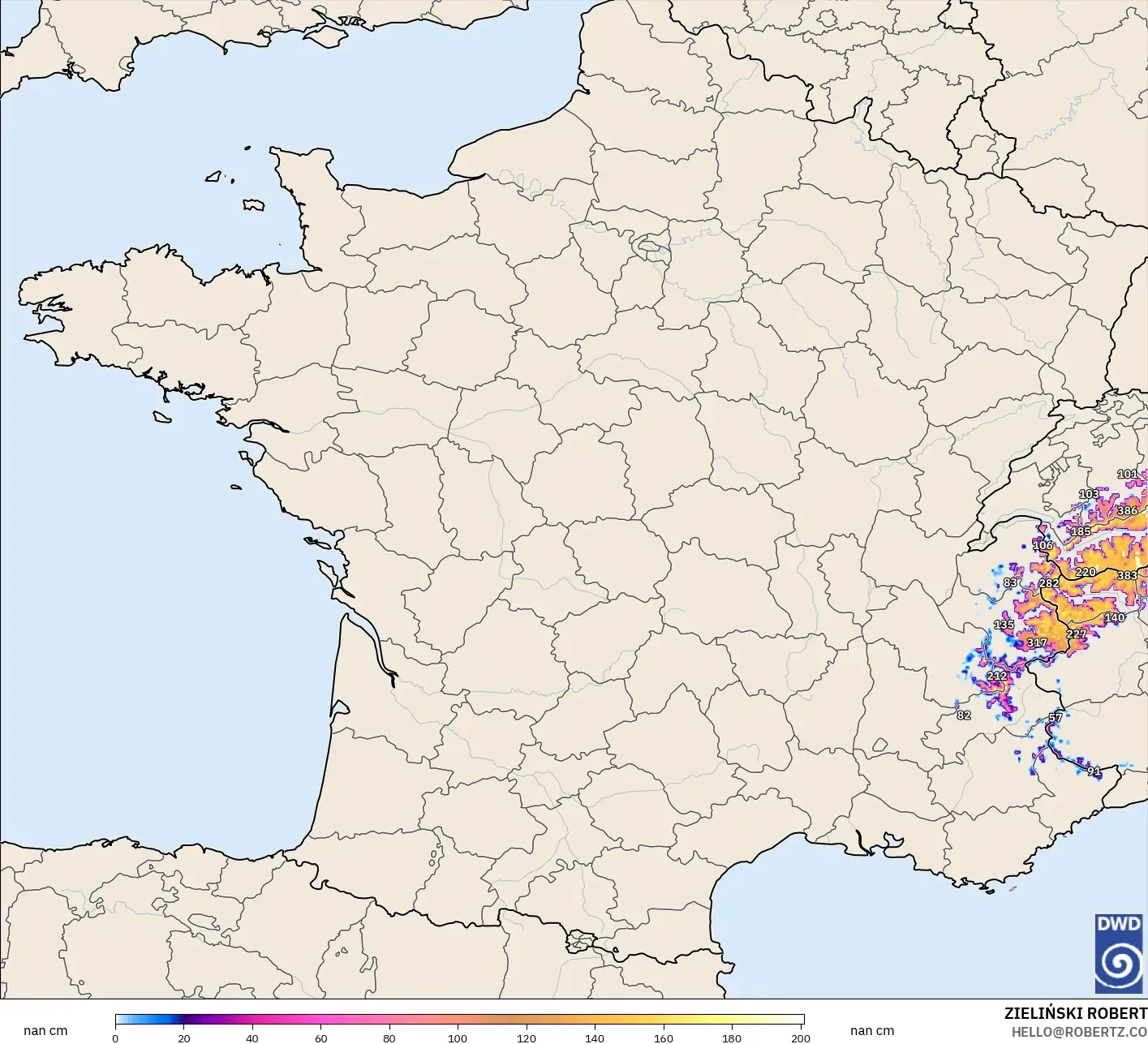 ICON Alemania 2 km modelo - Francia, Profundidad de nieve