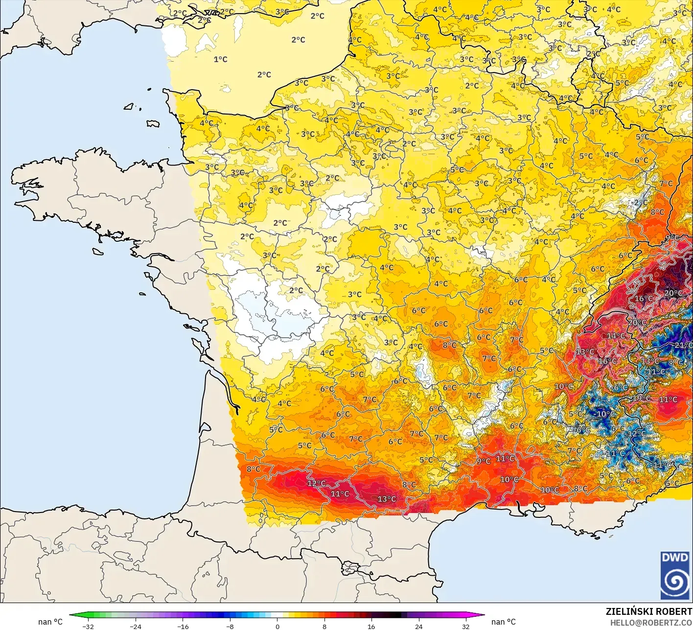 ICON Alemania 2 km modelo - Francia, Anomalía de temperatura a 2 m