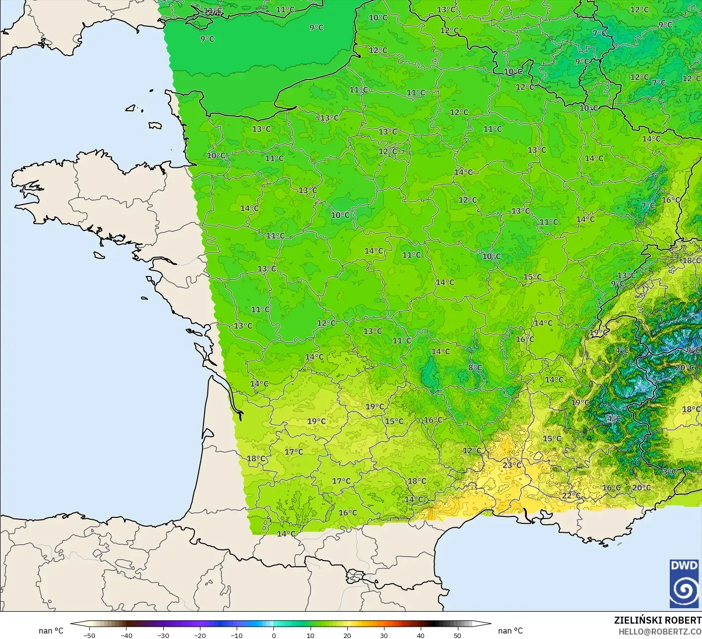 ICON Alemania 2 km modelo - Francia, Temperatura a 2 m