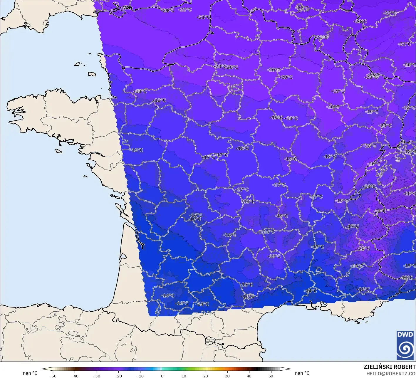 ICON Alemania 2 km modelo - Francia, Temperatura a 500 hPa