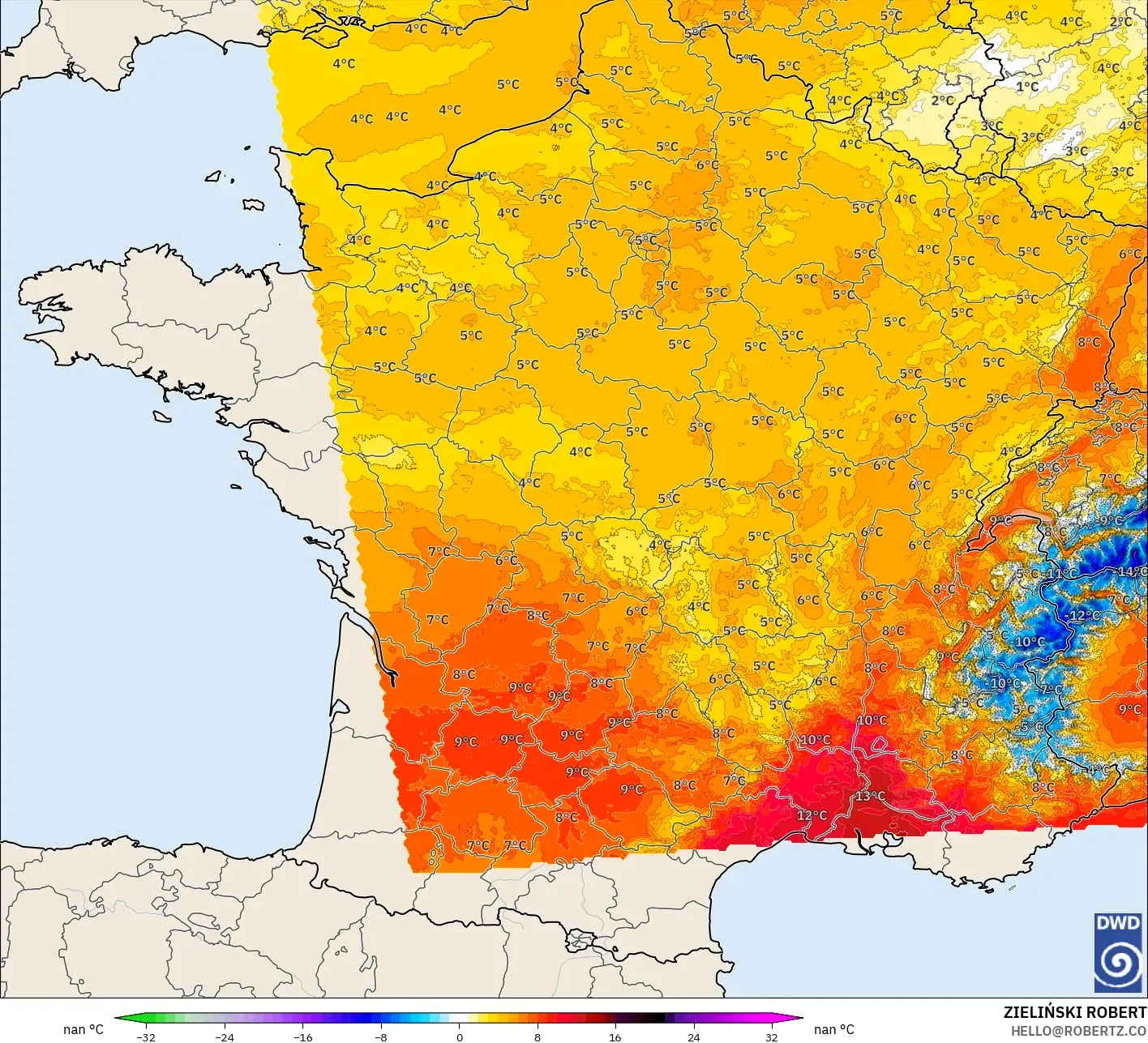 ICON Alemania 2 km modelo - Francia, Anomalía de temperatura a 850 hPa