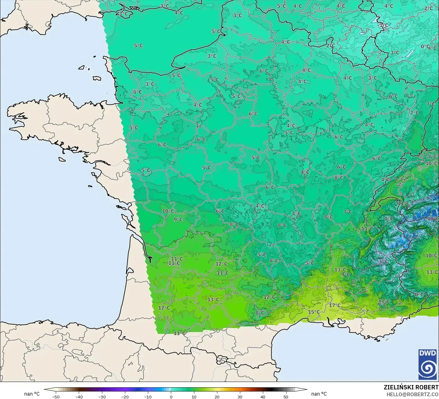ICON Alemania 2 km modelo - Francia, Temperatura a 850 hPa