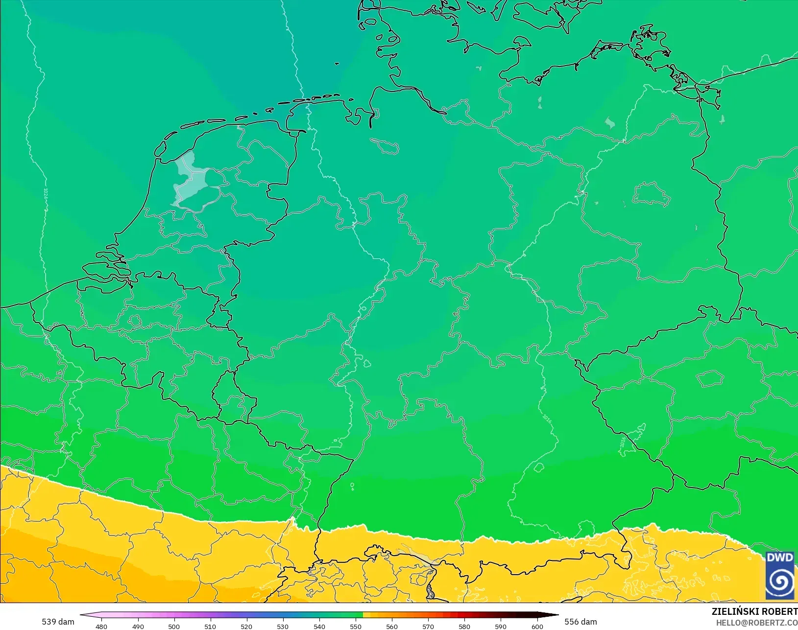 ICON Alemania 2 km modelo - Alemania, Altura geopotencial a 500 hPa