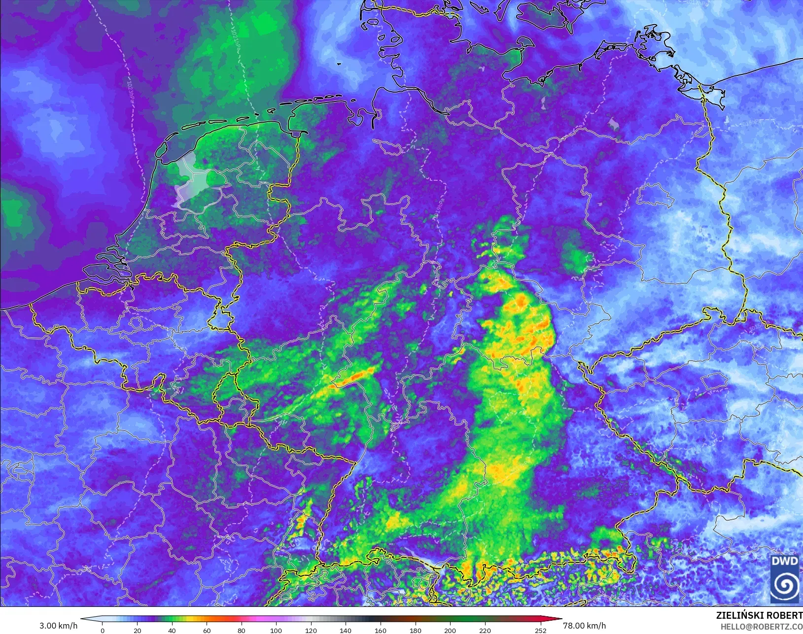 ICON Alemania 2 km modelo - Alemania, Ráfagas de viento