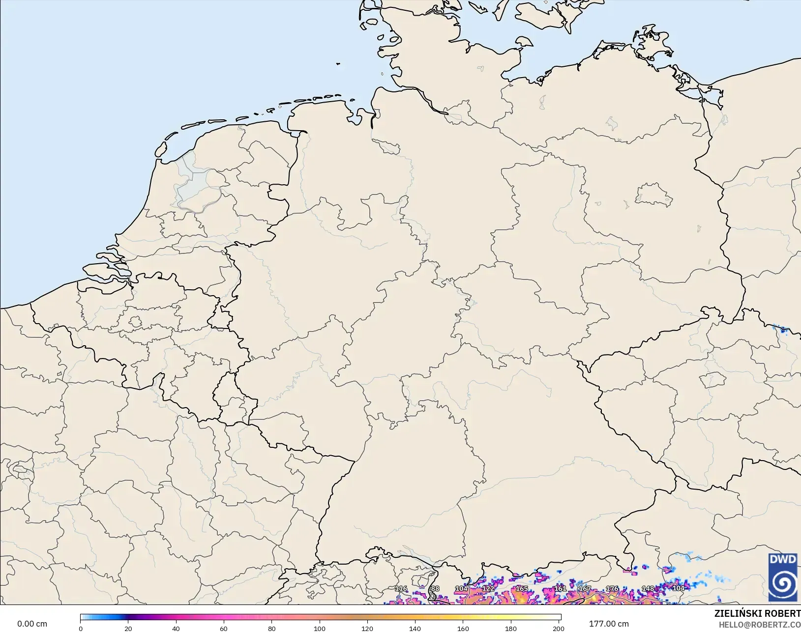 ICON Alemania 2 km modelo - Alemania, Profundidad de nieve