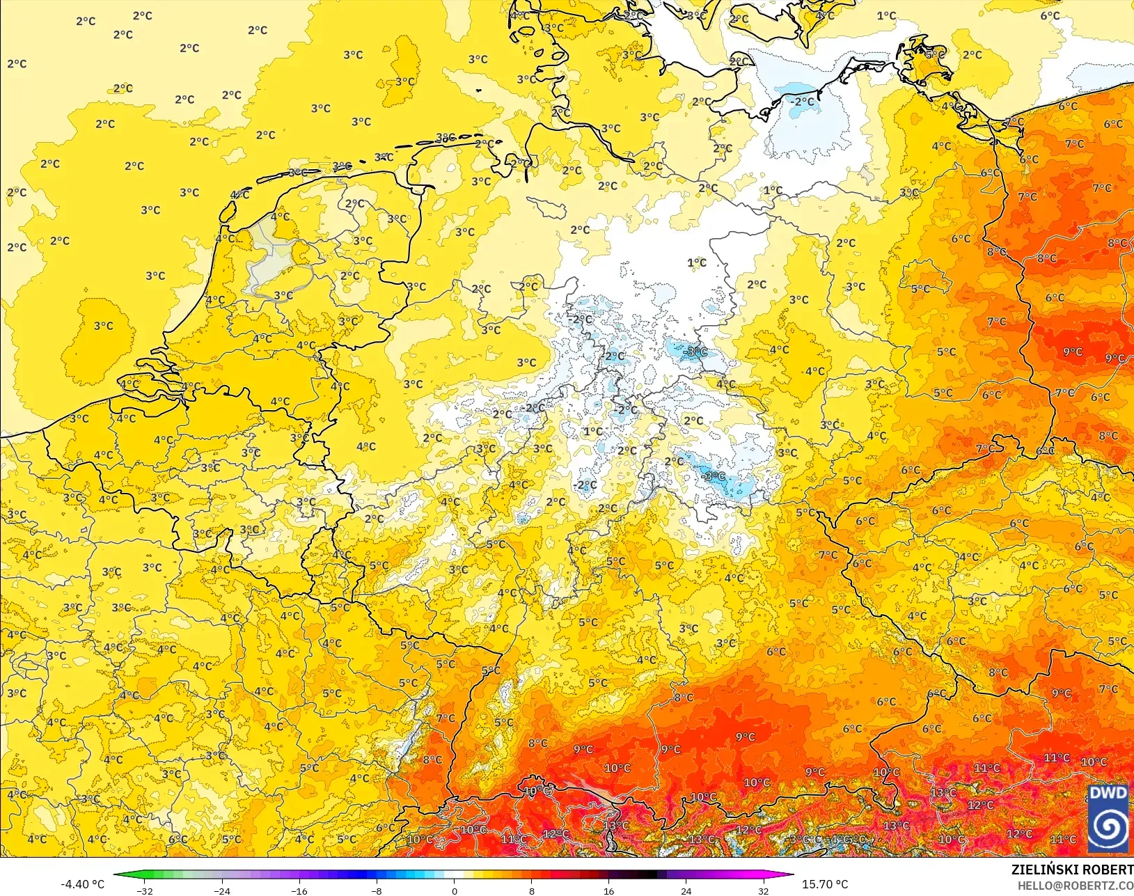 ICON Alemania 2 km modelo - Alemania, Anomalía de temperatura a 2 m