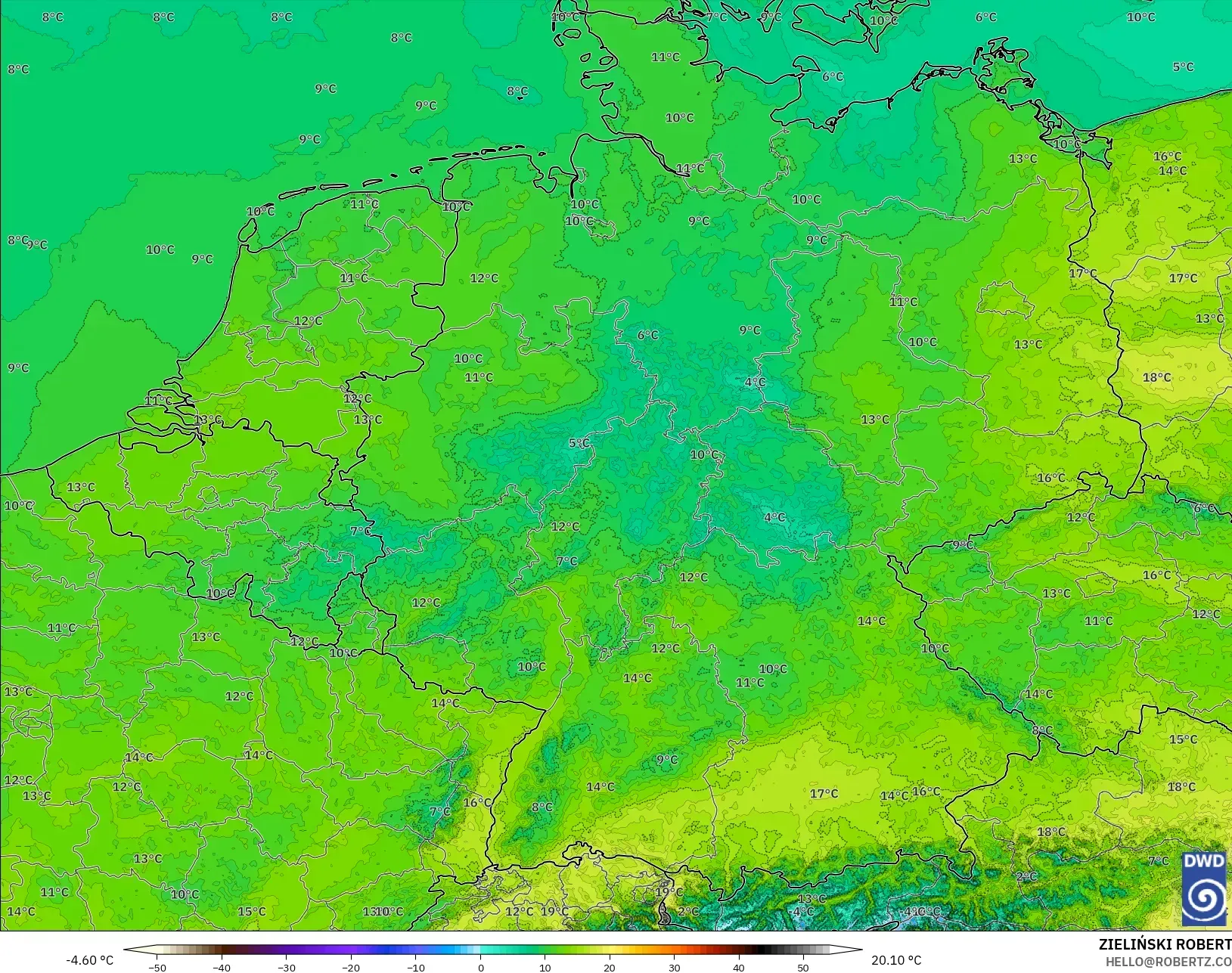 ICON Alemania 2 km modelo - Alemania, Temperatura a 2 m