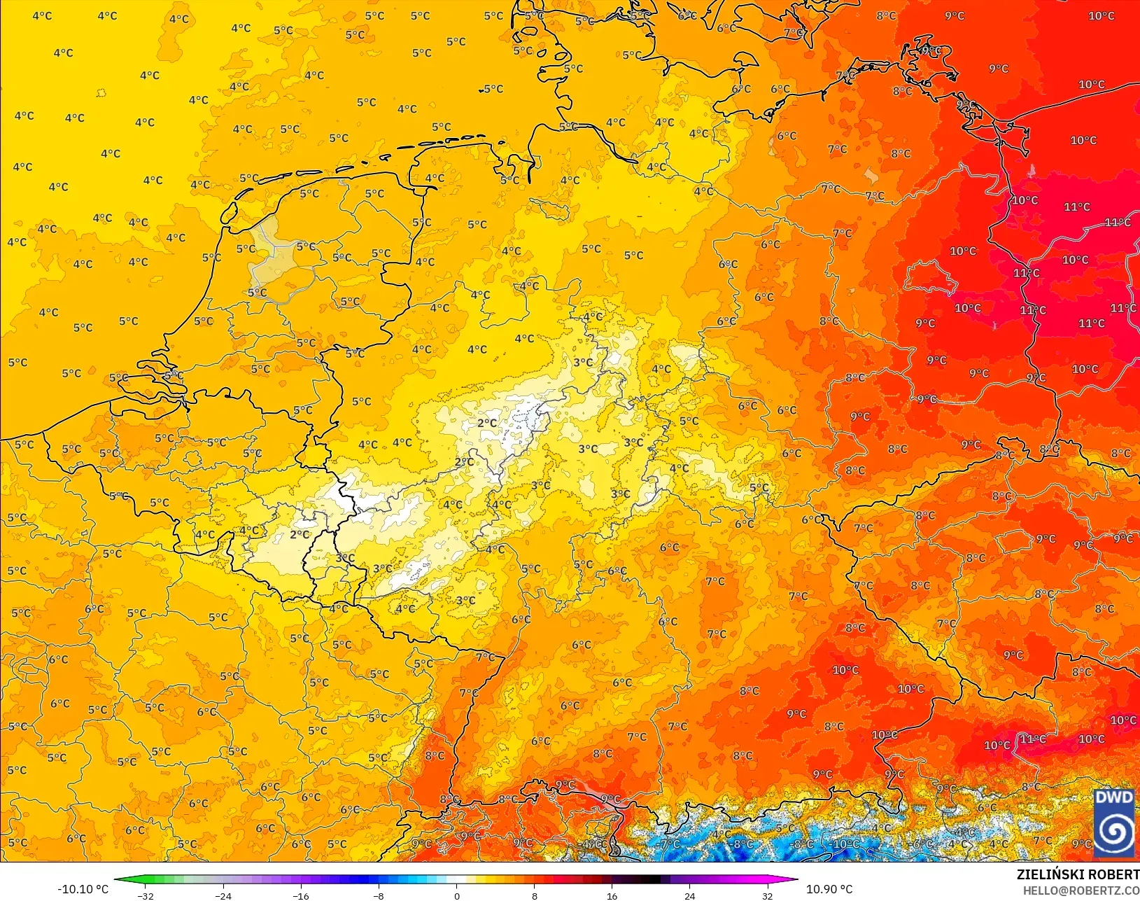 ICON Alemania 2 km modelo - Alemania, Anomalía de temperatura a 850 hPa