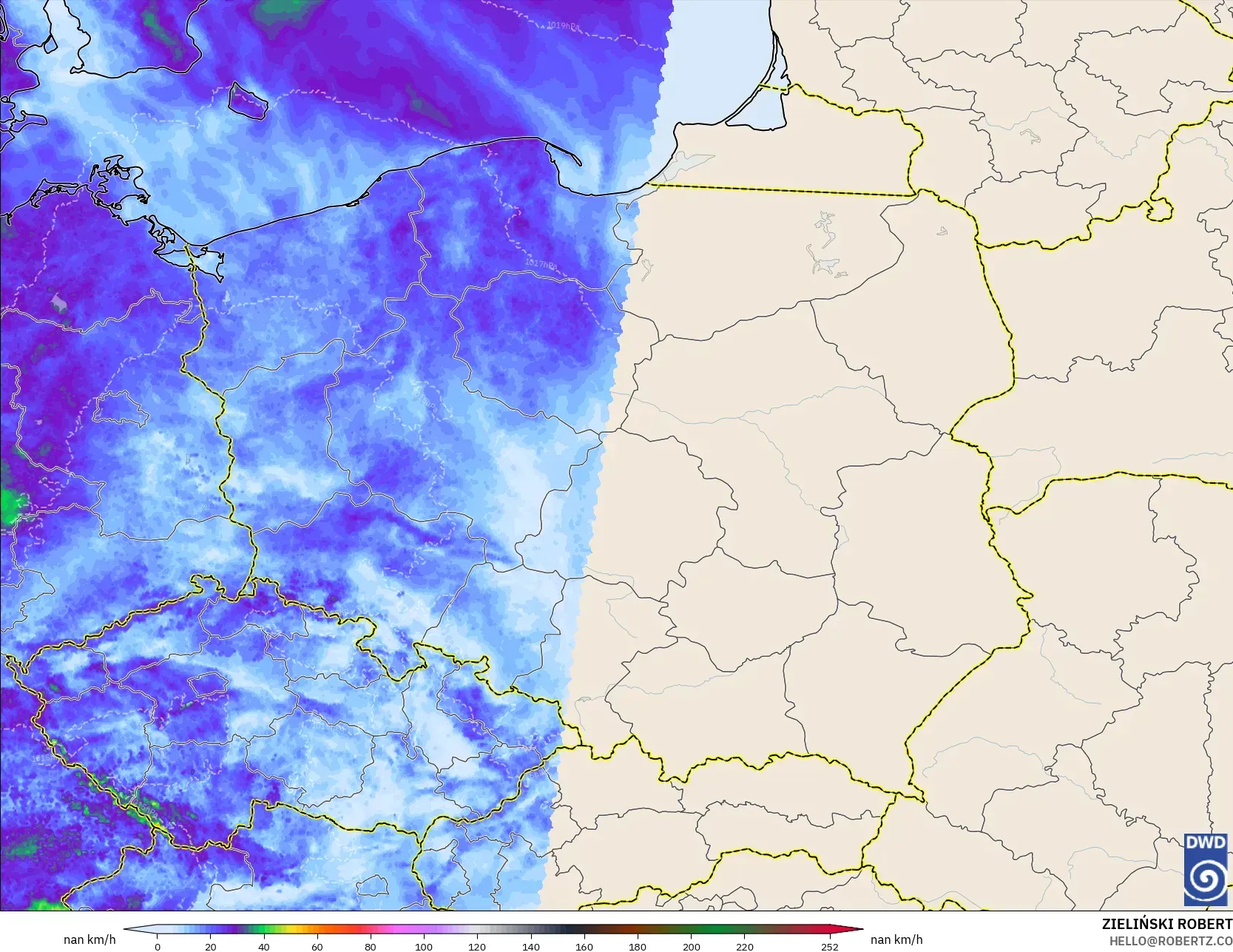 ICON Alemania 2 km modelo - Polonia, Ráfagas de viento