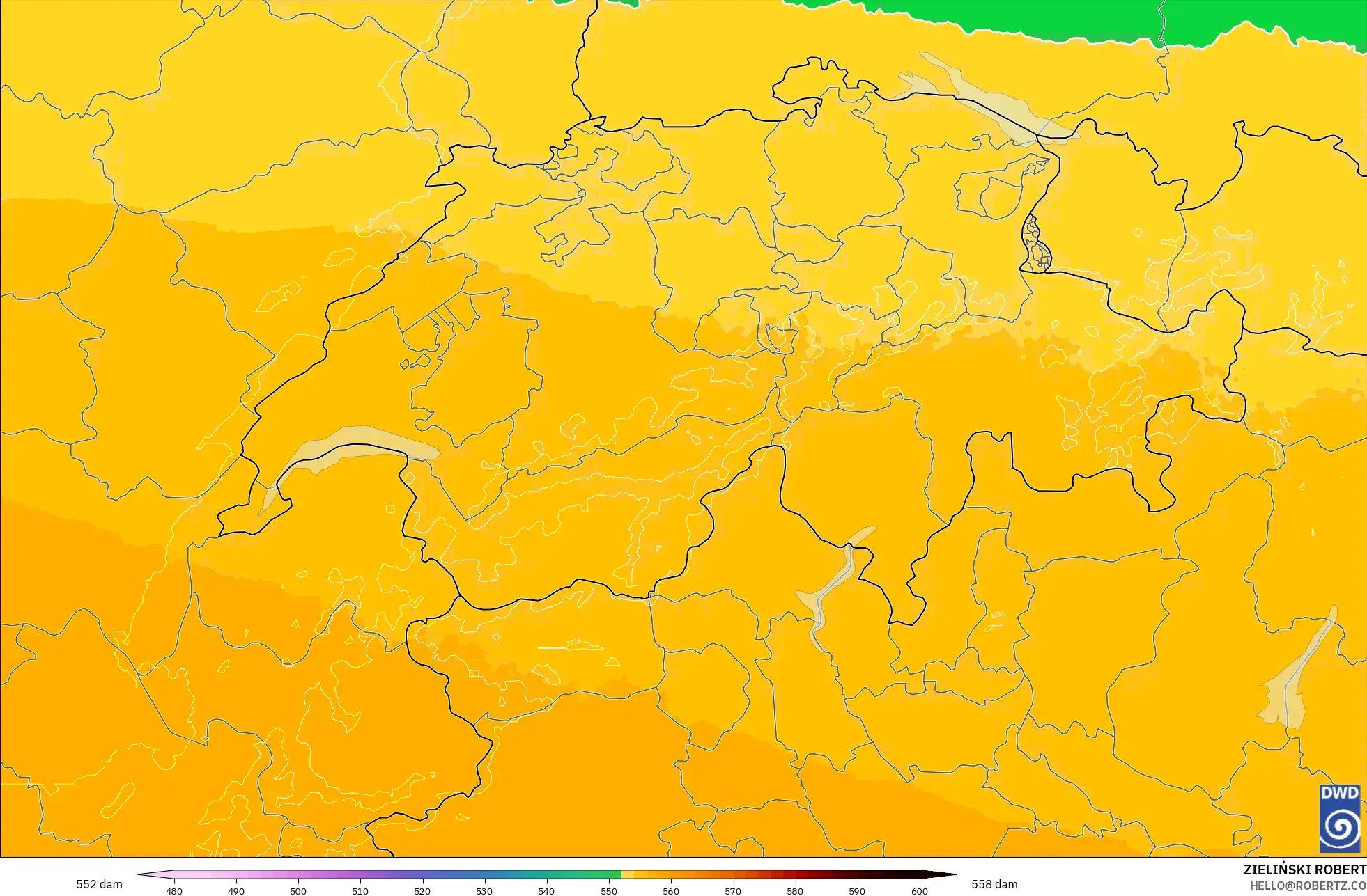 ICON Alemania 2 km modelo - Suiza, Altura geopotencial a 500 hPa