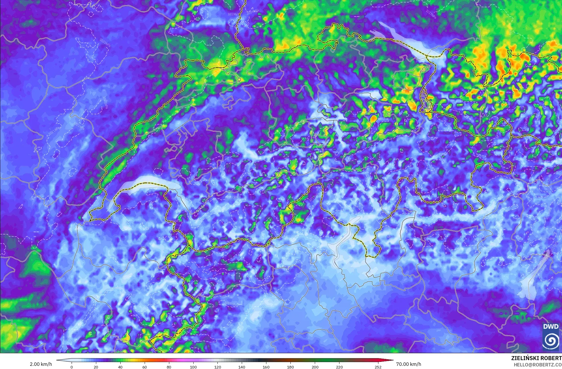 ICON Alemania 2 km modelo - Suiza, Ráfagas de Viento Máximas