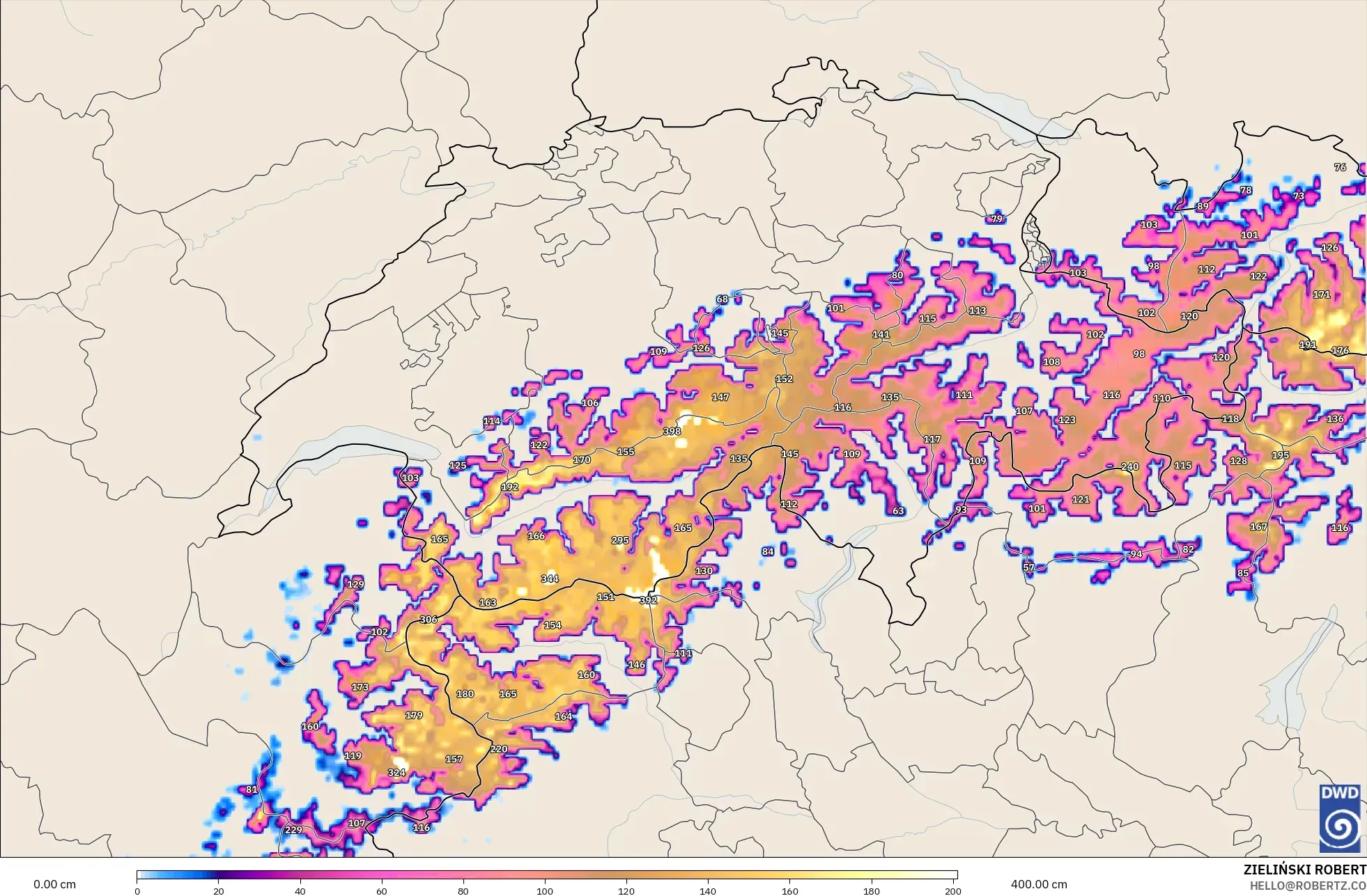 ICON Alemania 2 km modelo - Suiza, Profundidad de nieve