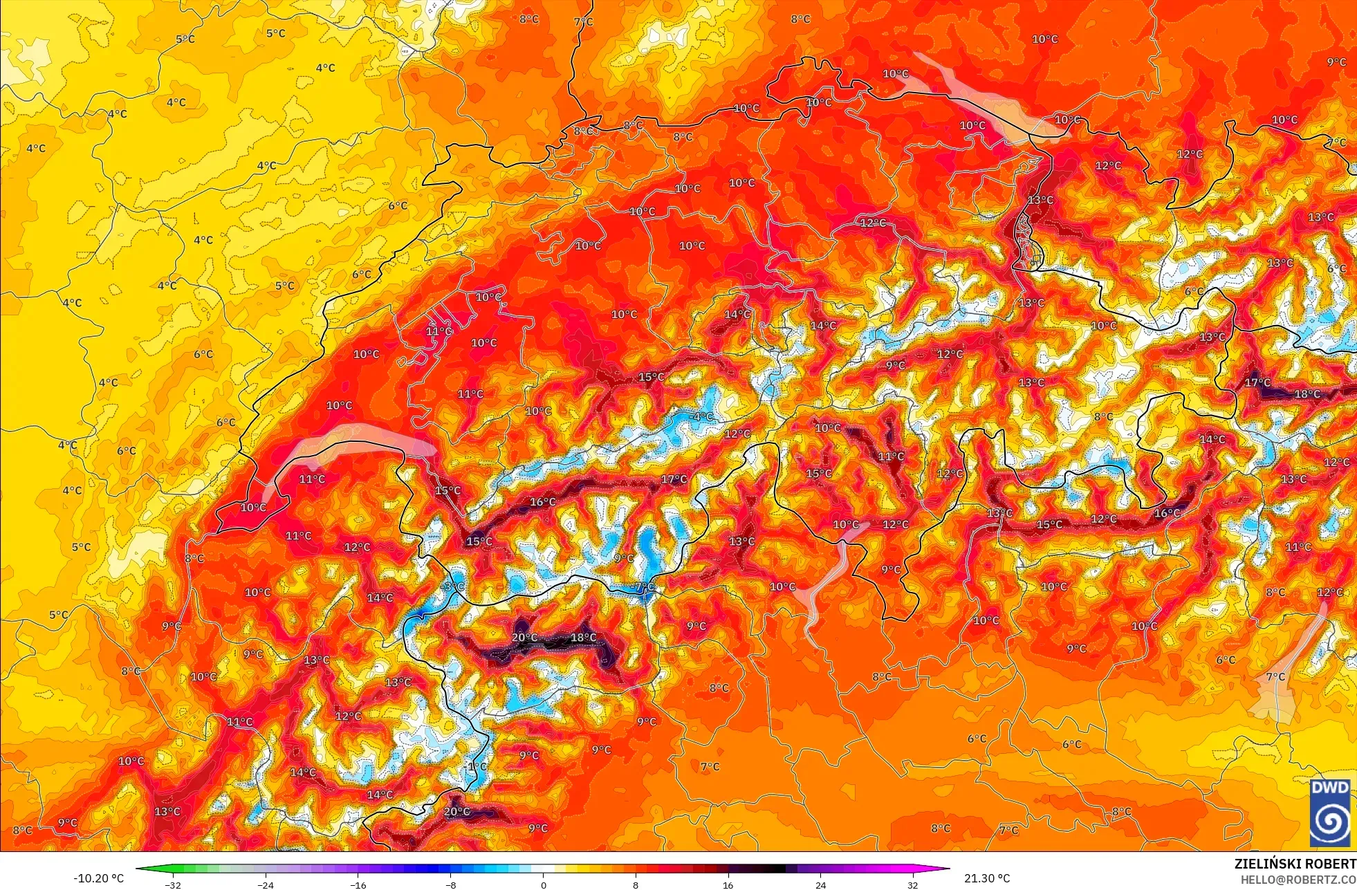 ICON Alemania 2 km modelo - Suiza, Anomalía de temperatura a 2 m