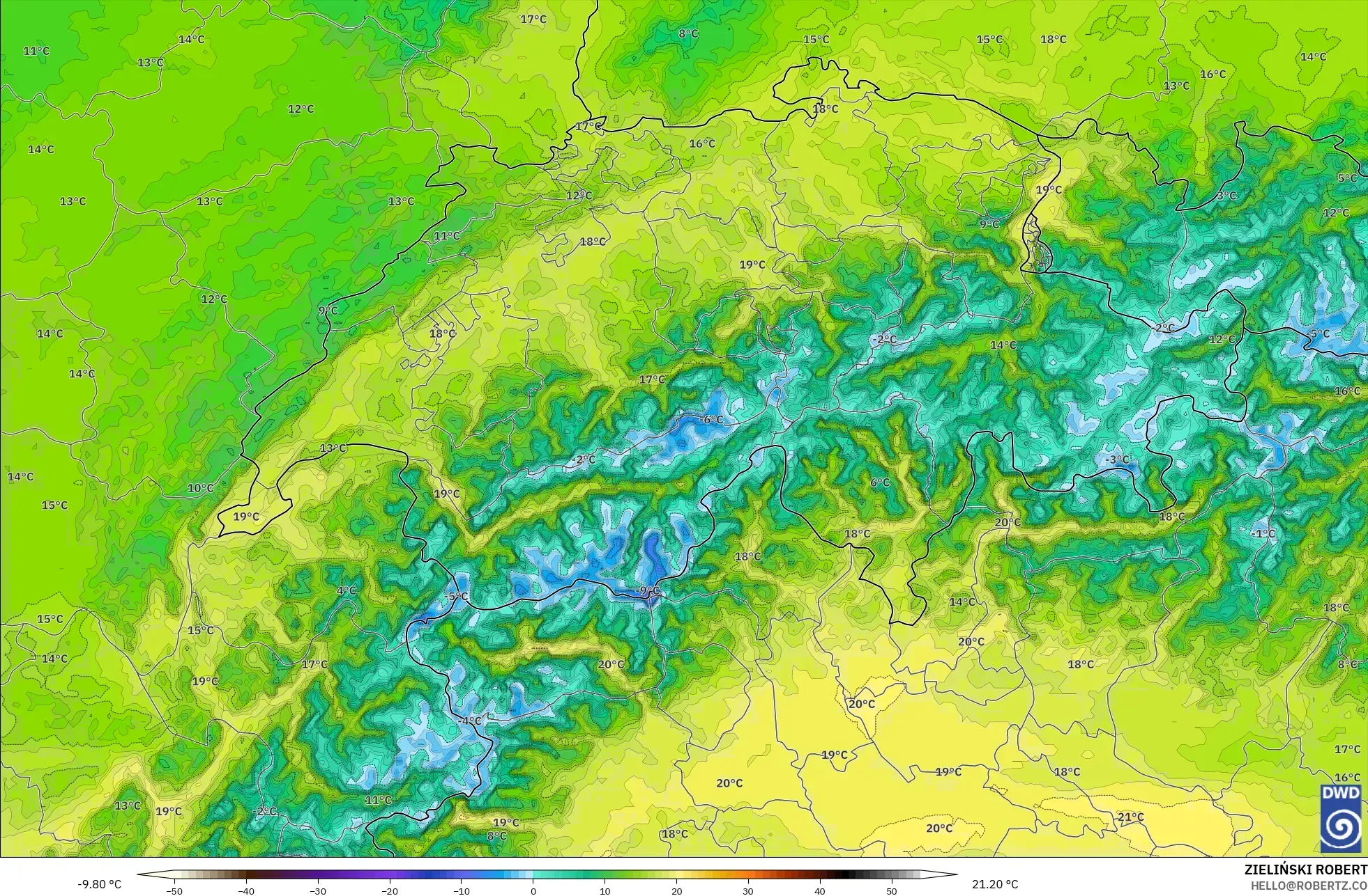 ICON Alemania 2 km modelo - Suiza, Temperatura a 2 m