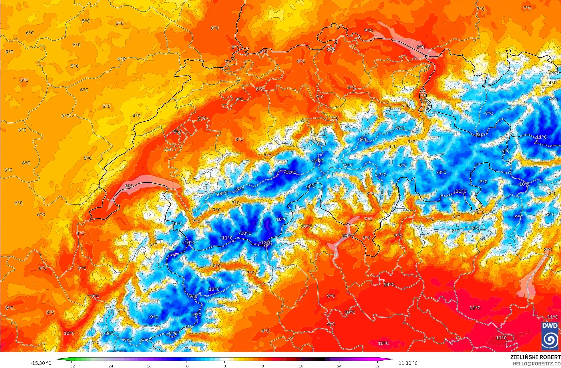 ICON Alemania 2 km modelo - Suiza, Anomalía de temperatura a 850 hPa