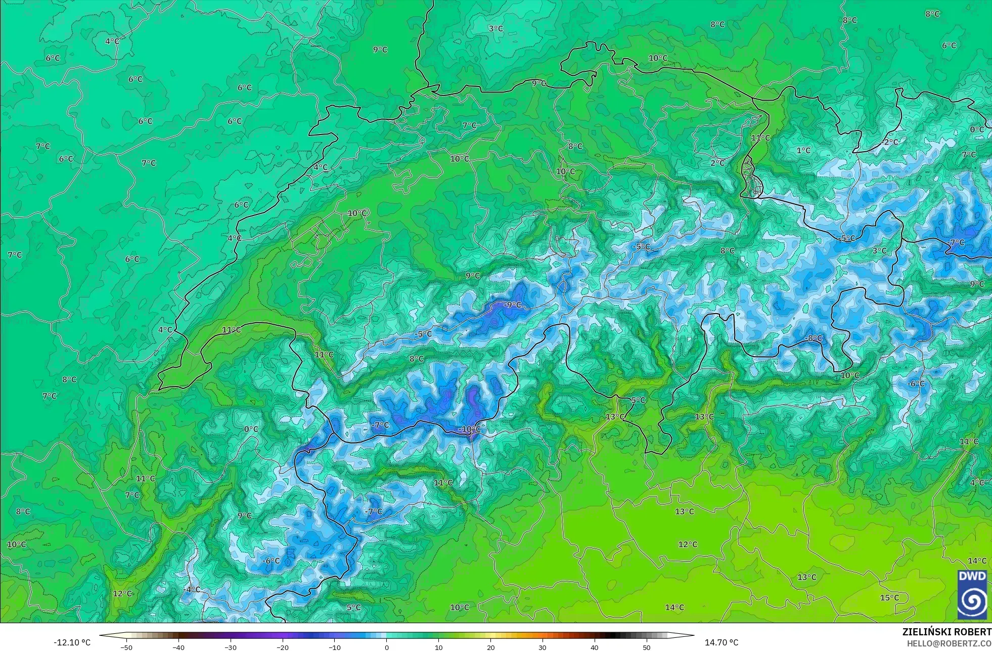 ICON Alemania 2 km modelo - Suiza, Temperatura a 850 hPa