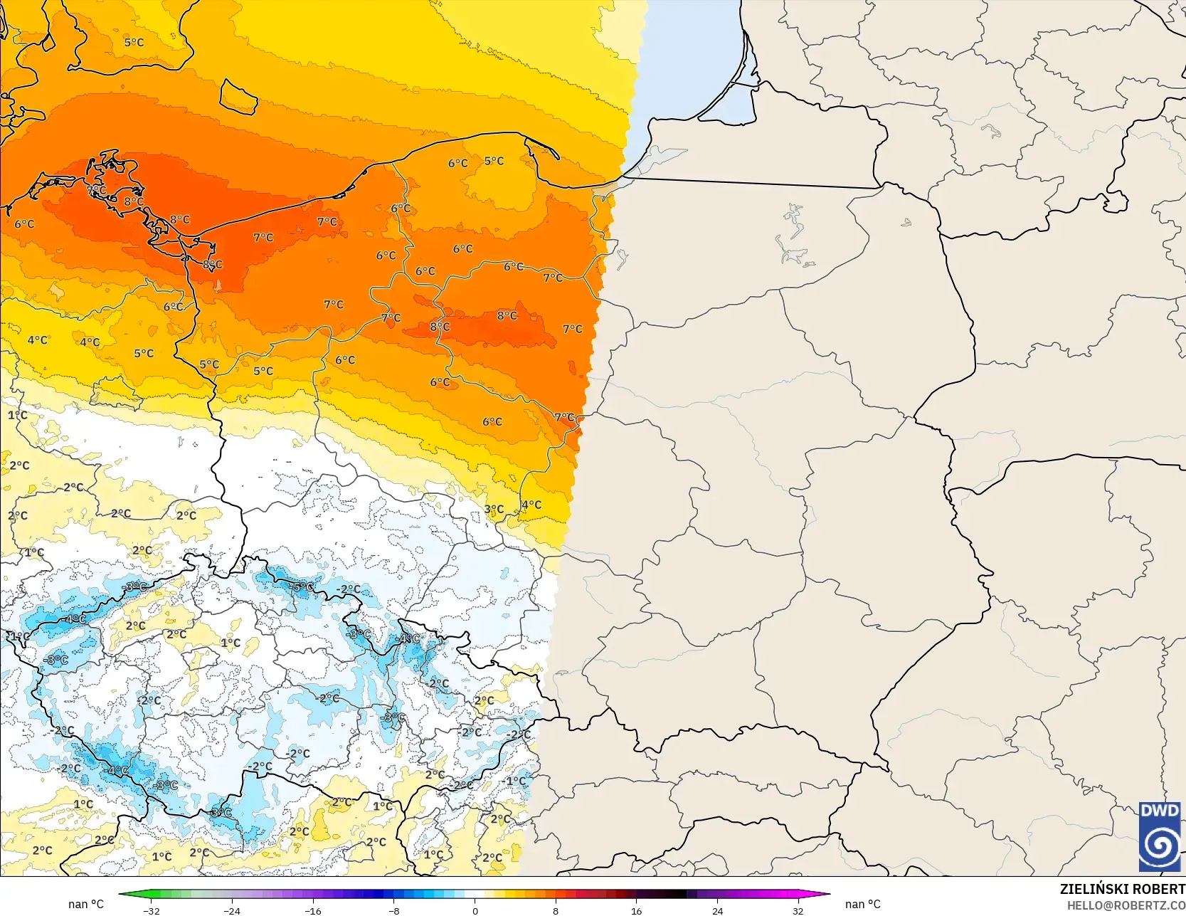ICON Alemania 2 km modelo - Polonia, Anomalía de temperatura a 850 hPa