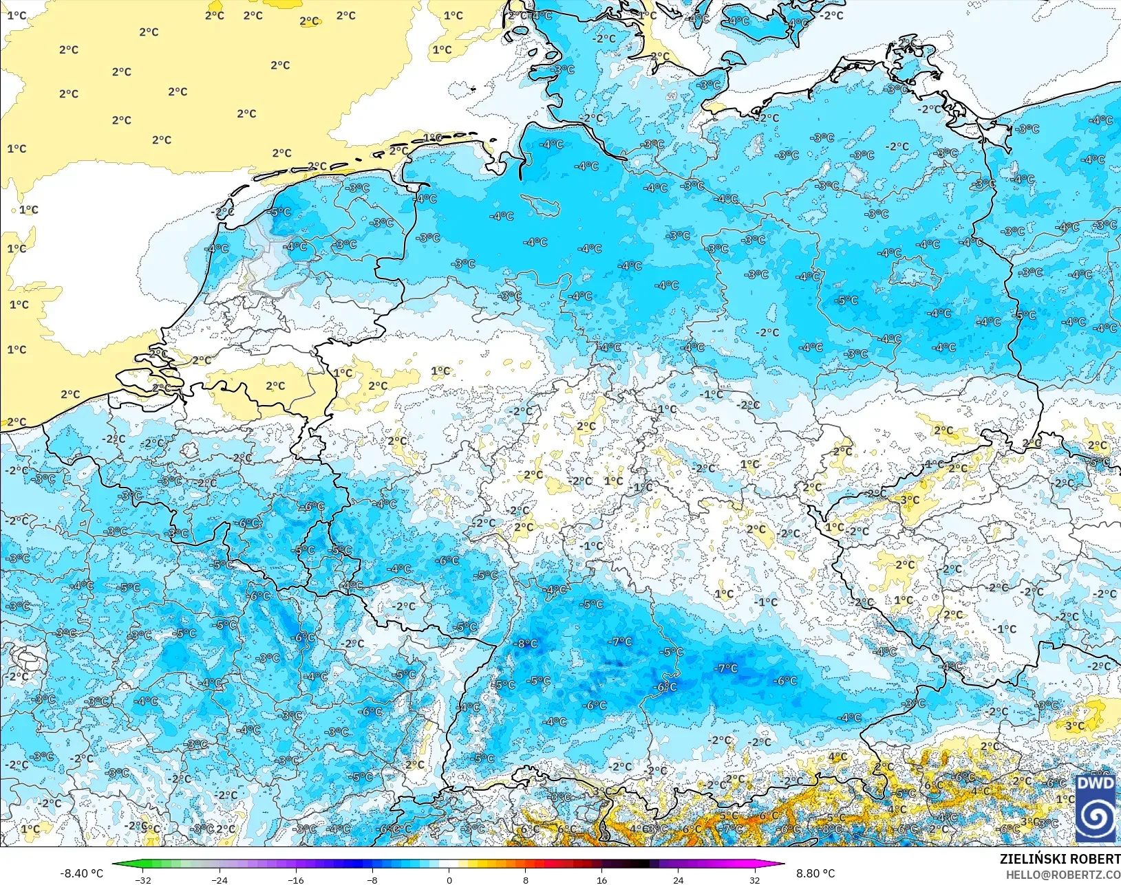 ICON Alemania 2 km modelo - Alemania, Anomalía de temperatura a 2 m