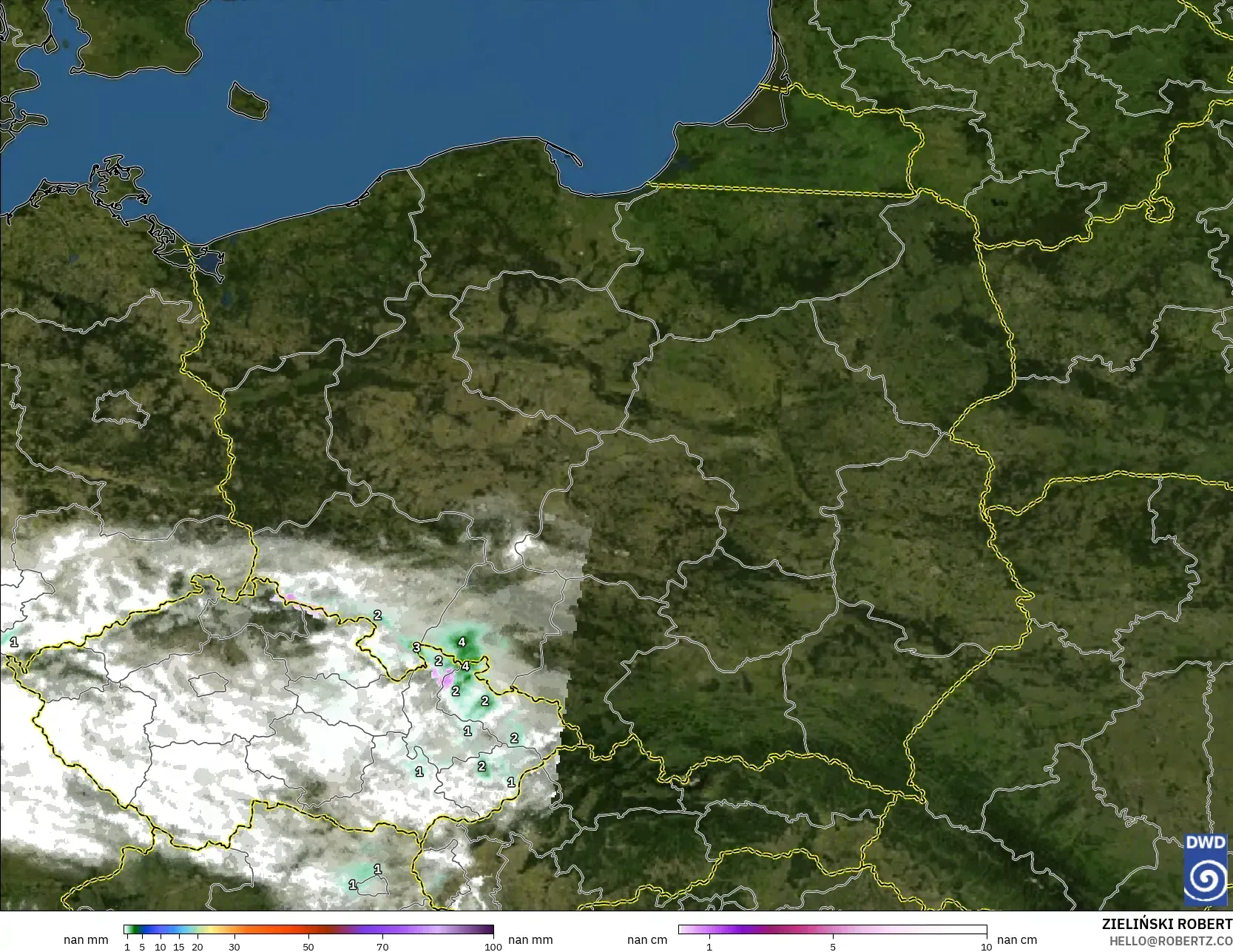 ICON Alemania 2 km modelo - Polonia, Precipitación, nubes y presión