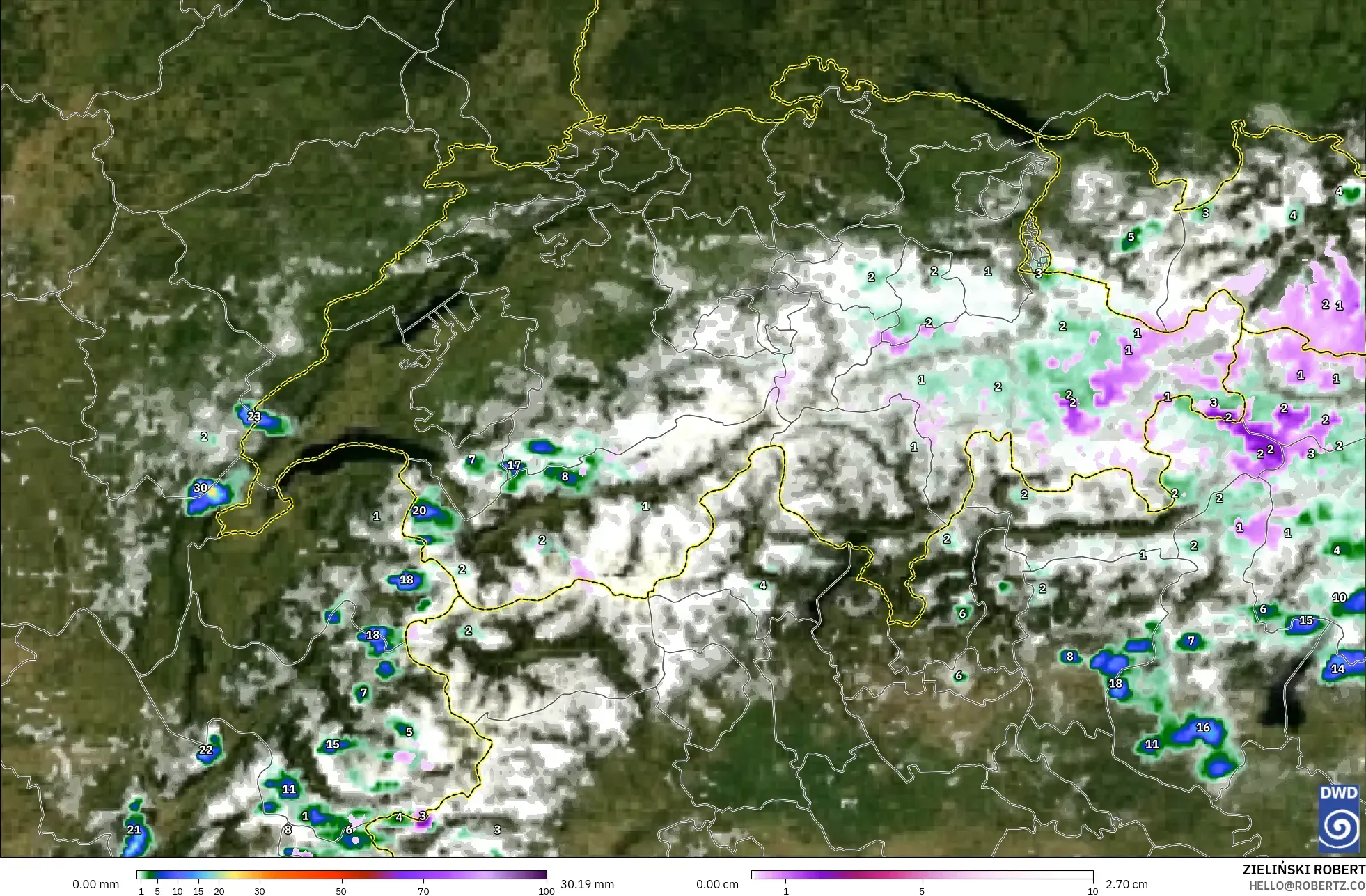 ICON Alemania 2 km modelo - Suiza, Precipitación, nubes y presión