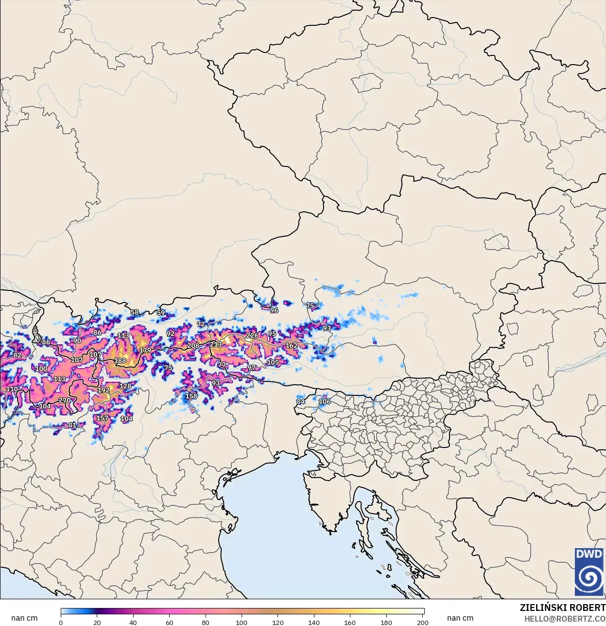 ICON Alemania 2 km modelo - Austria, Profundidad de nieve