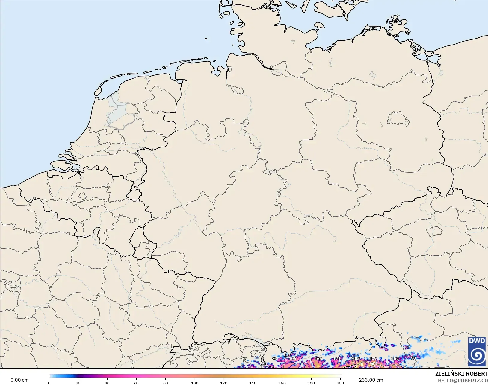 ICON Alemania 2 km modelo - Alemania, Profundidad de nieve