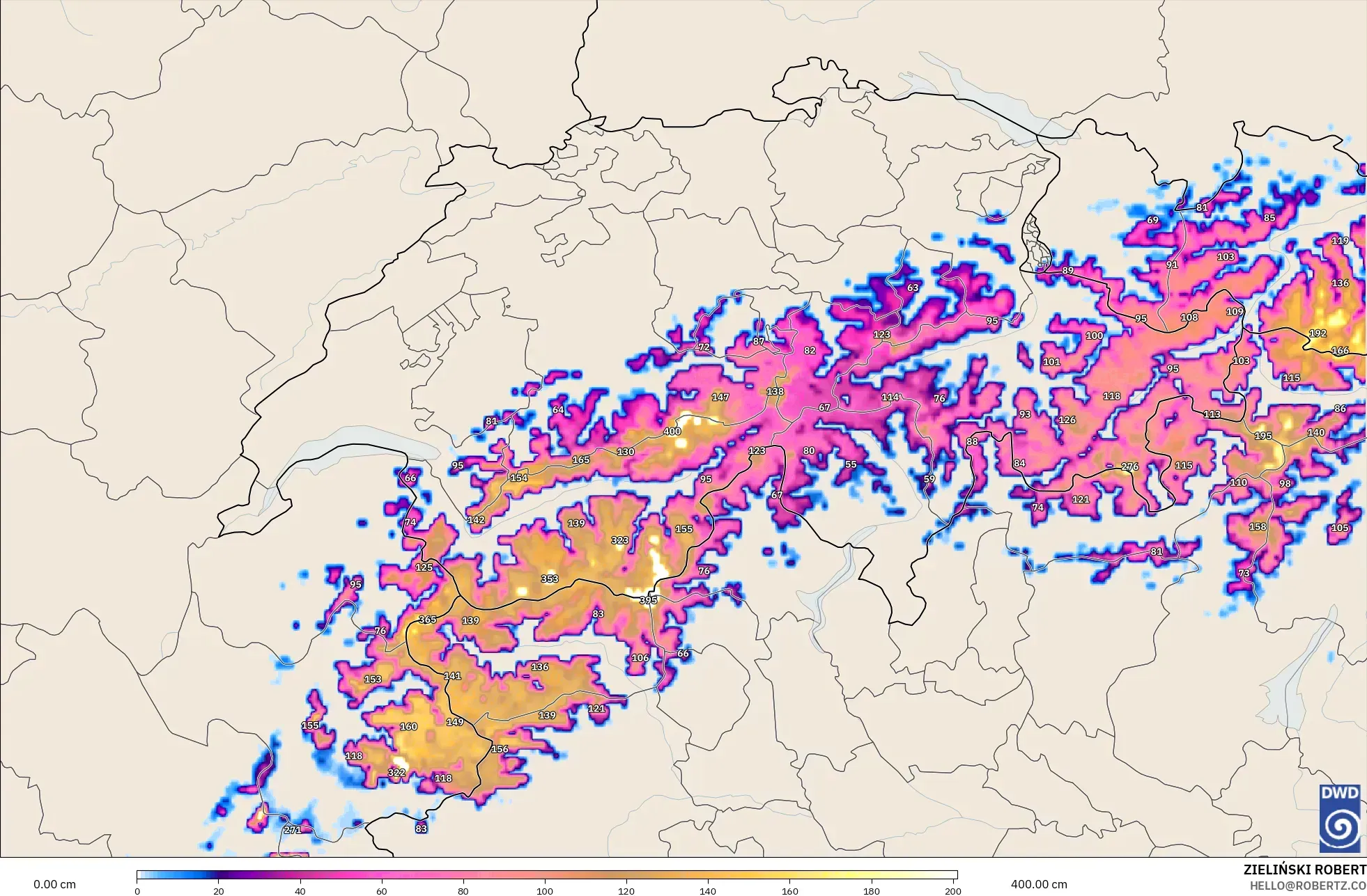 ICON Alemania 2 km modelo - Suiza, Profundidad de nieve