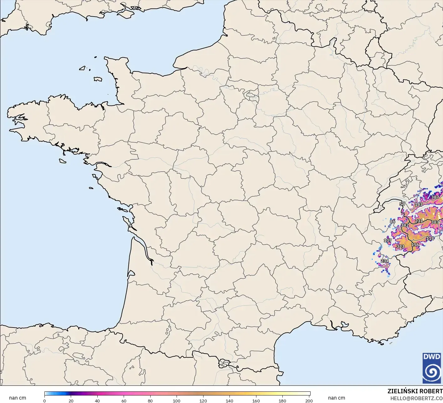 ICON Alemania 2 km modelo - Francia, Profundidad de nieve