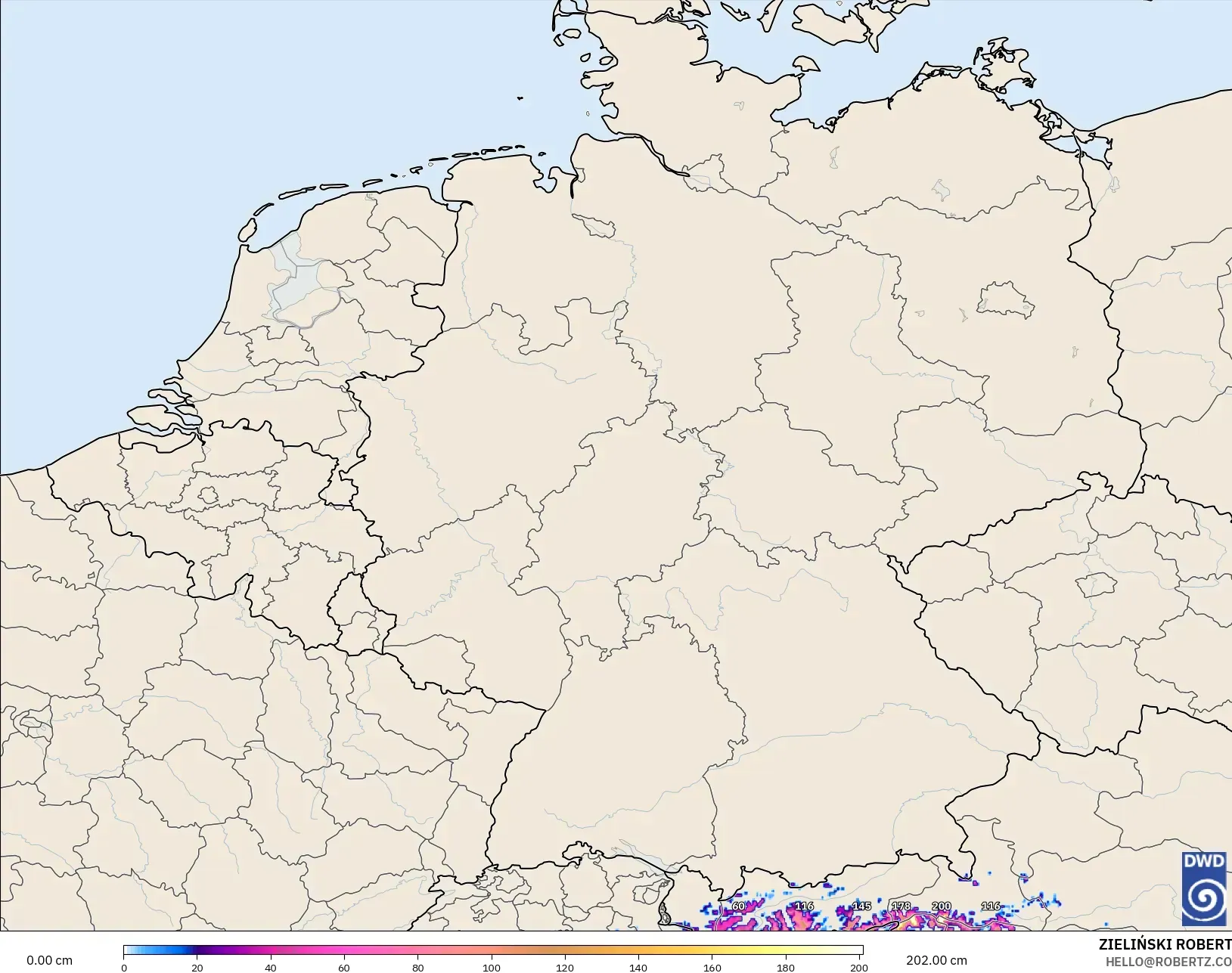 ICON Alemania 2 km modelo - Alemania, Profundidad de nieve