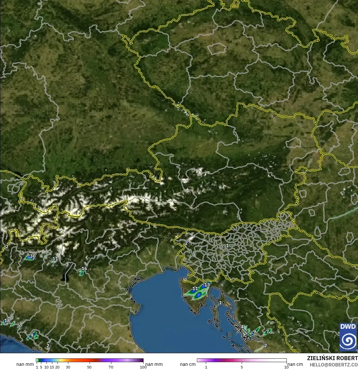 ICON Alemania 2 km modelo - Austria, Precipitación, nubes y presión