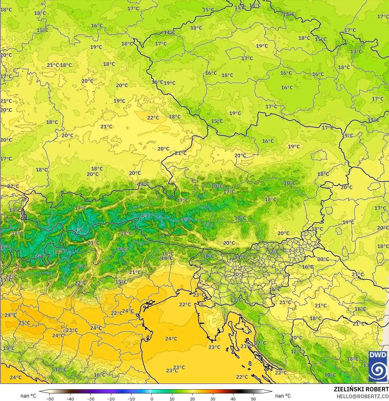 ICON Alemania 2 km modelo - Austria, Temperatura a 850 hPa