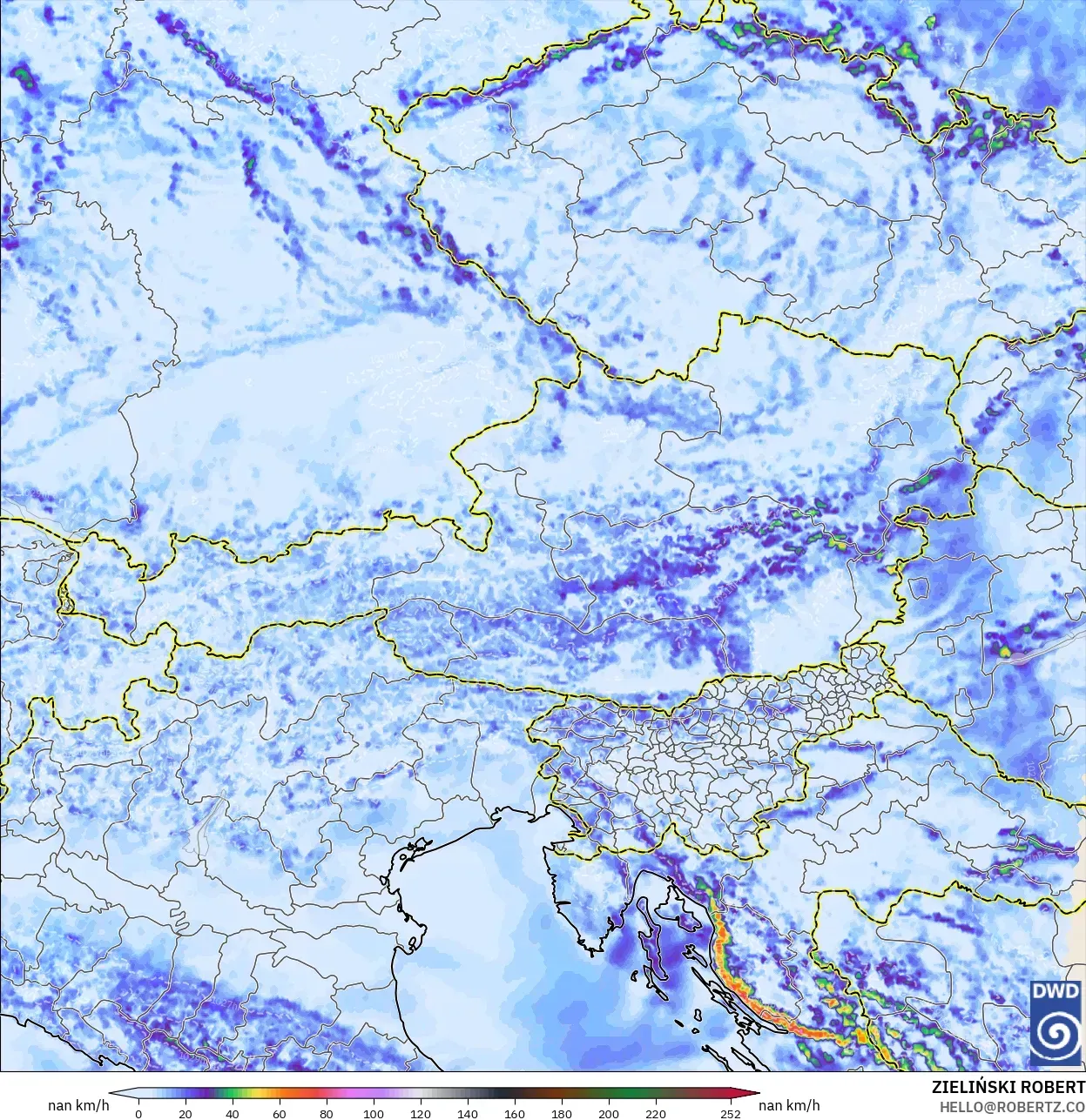ICON Alemania 2 km modelo - Austria, Ráfagas de Viento Máximas