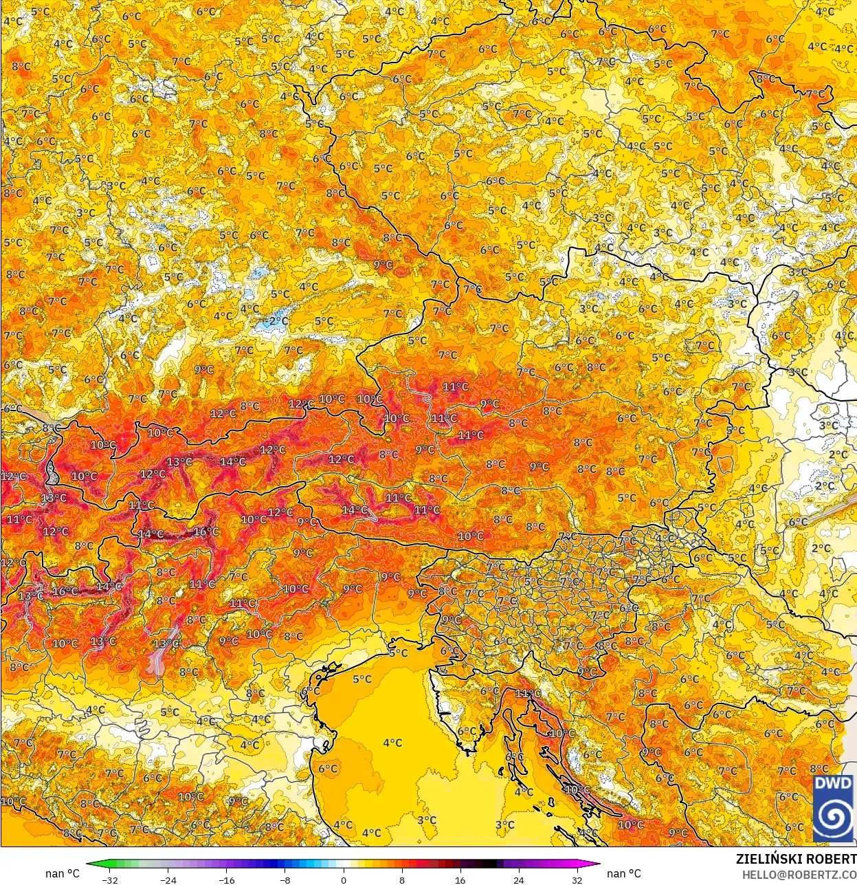 ICON Alemania 2 km modelo - Austria, Anomalía de temperatura a 2 m
