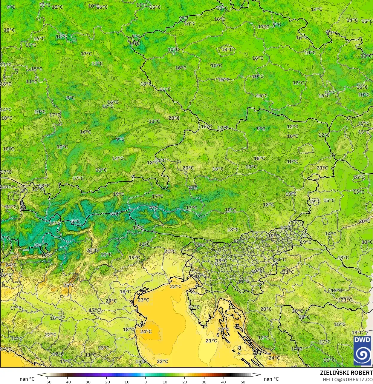 ICON Alemania 2 km modelo - Austria, Temperatura a 2 m