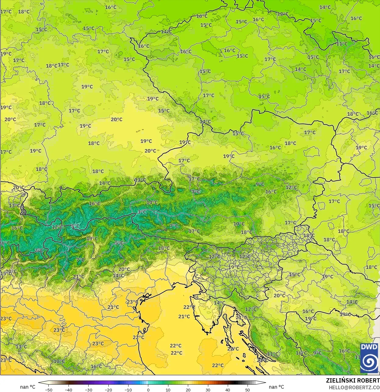ICON Alemania 2 km modelo - Austria, Temperatura a 850 hPa