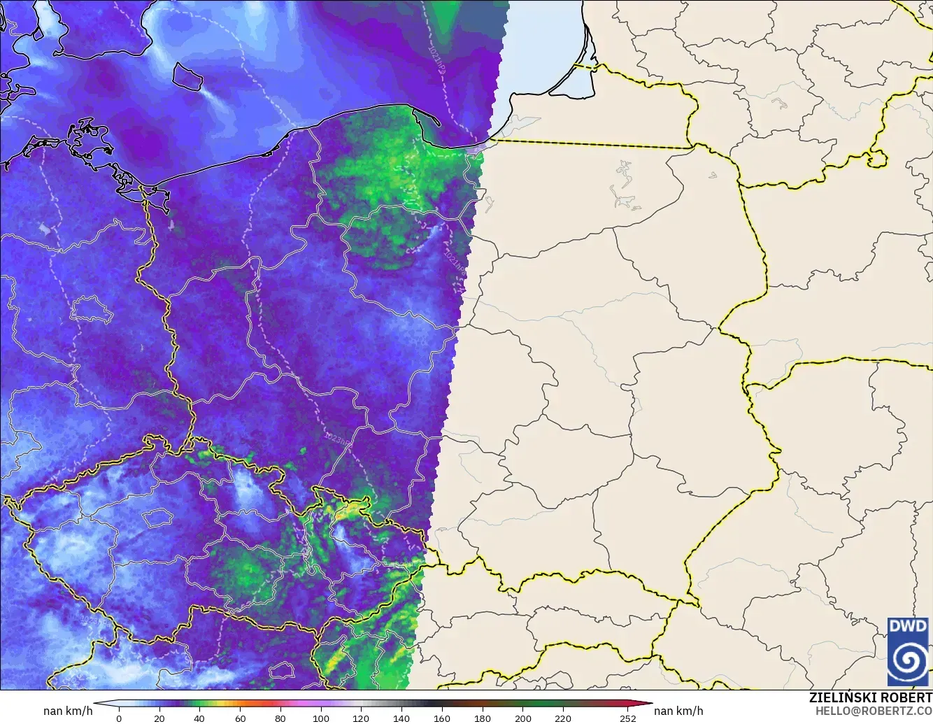 ICON Alemania 2 km modelo - Polonia, Ráfagas de viento