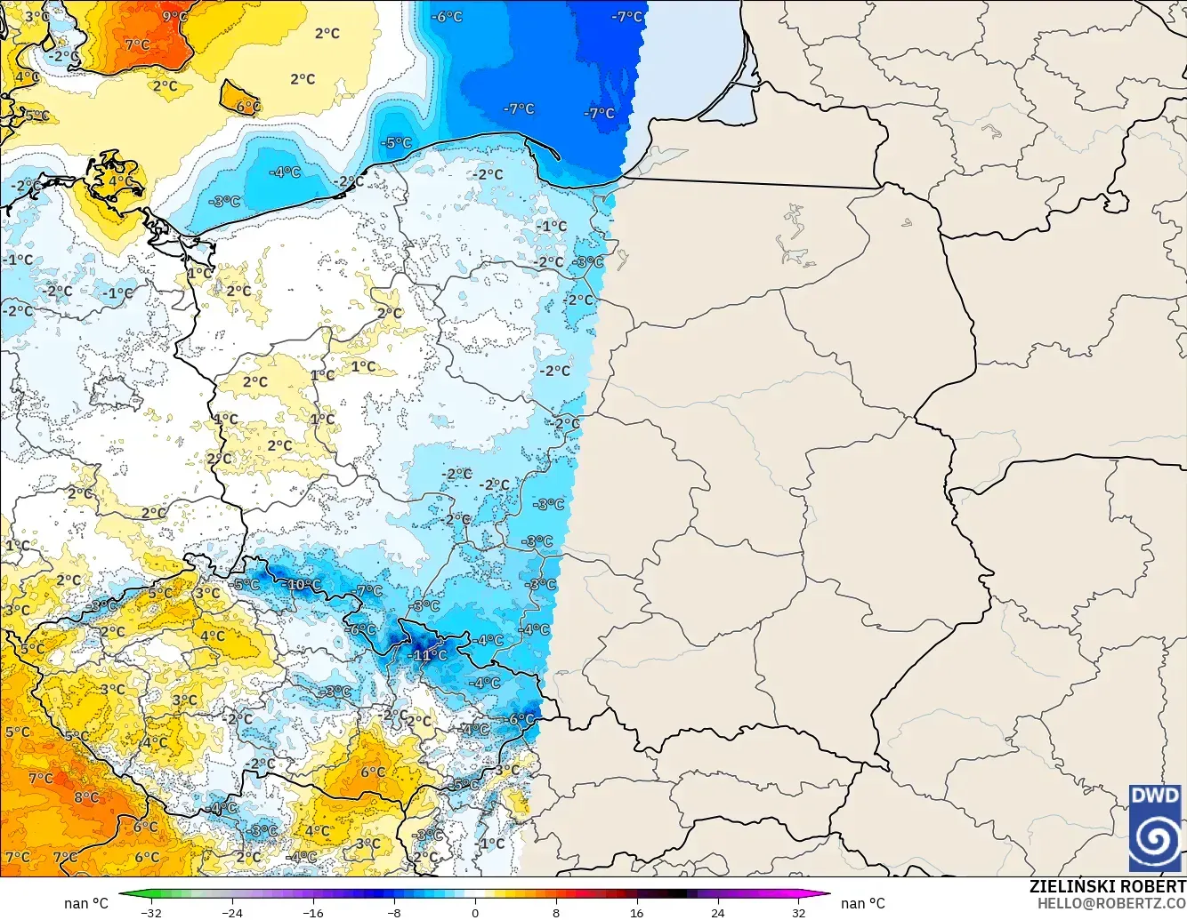 ICON Alemania 2 km modelo - Polonia, Anomalía de temperatura a 2 m