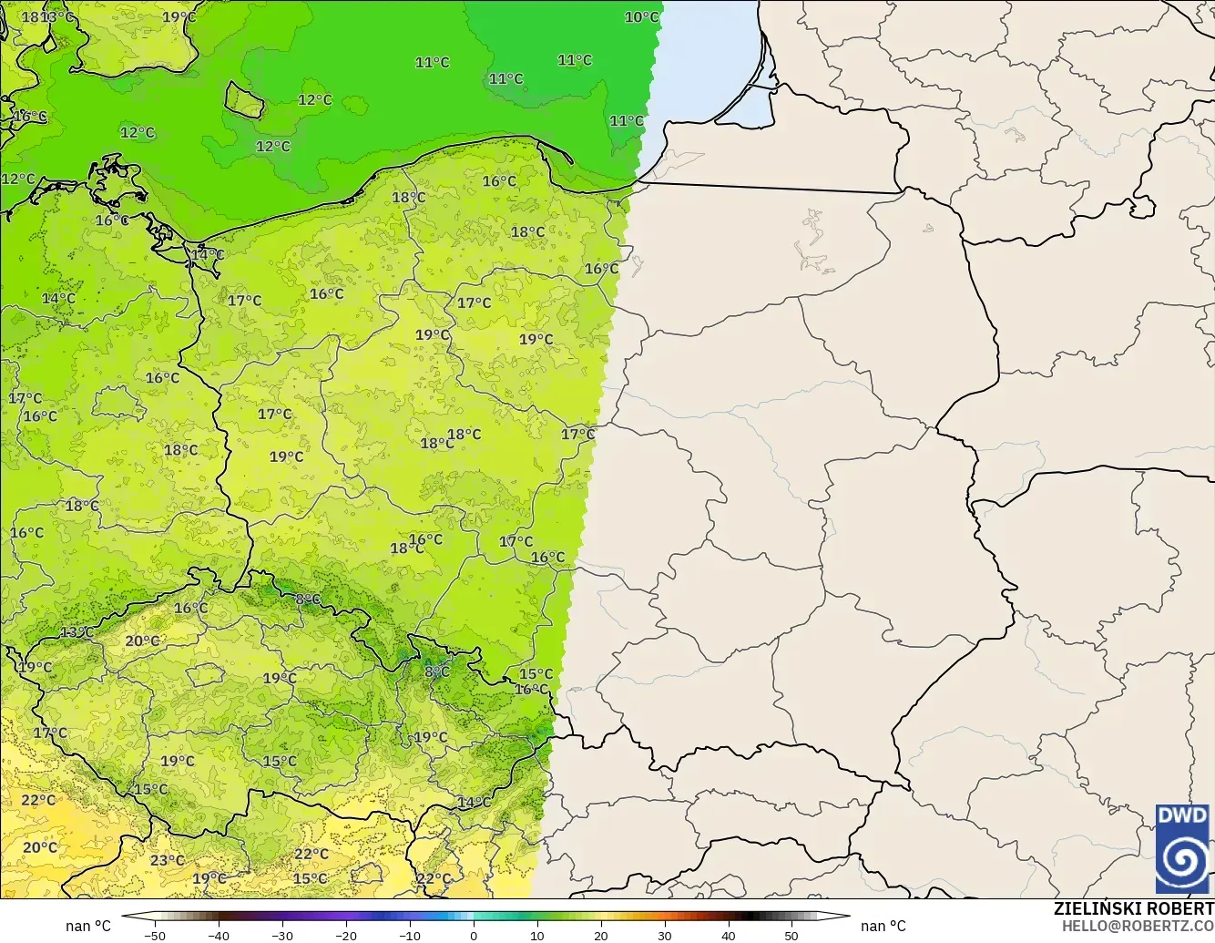 ICON Alemania 2 km modelo - Polonia, Temperatura a 2 m