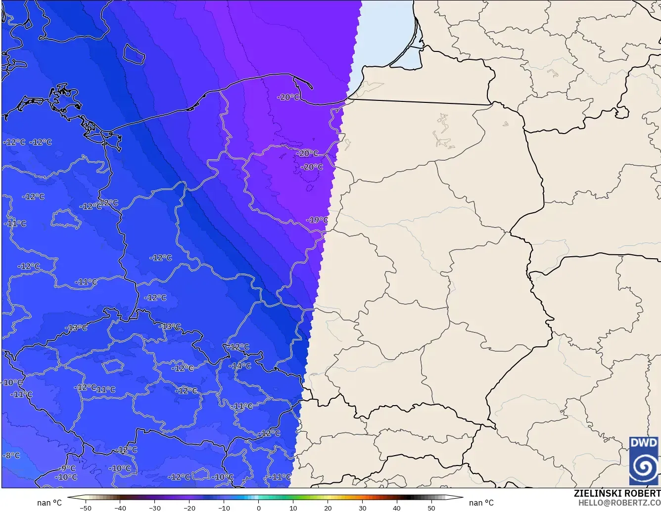 ICON Alemania 2 km modelo - Polonia, Temperatura a 500 hPa