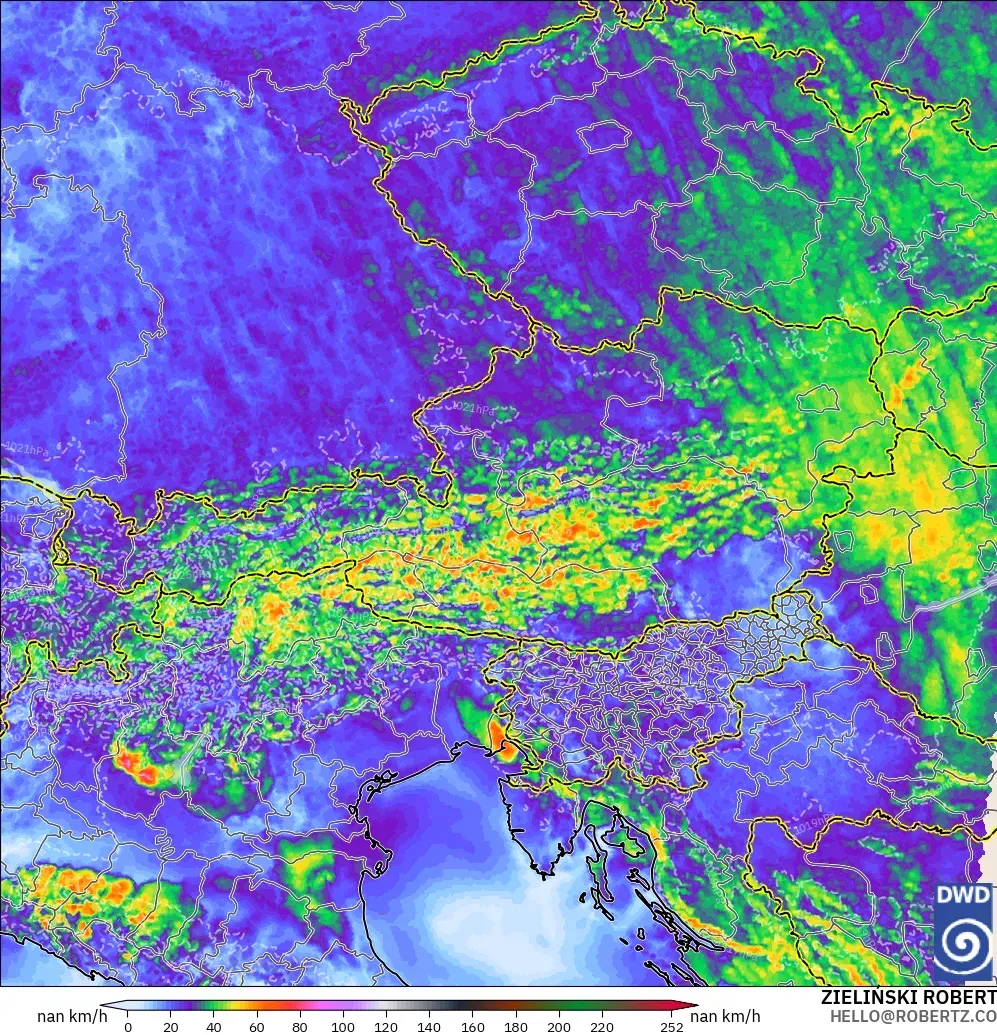 ICON Alemania 2 km modelo - Austria, Ráfagas de Viento Máximas