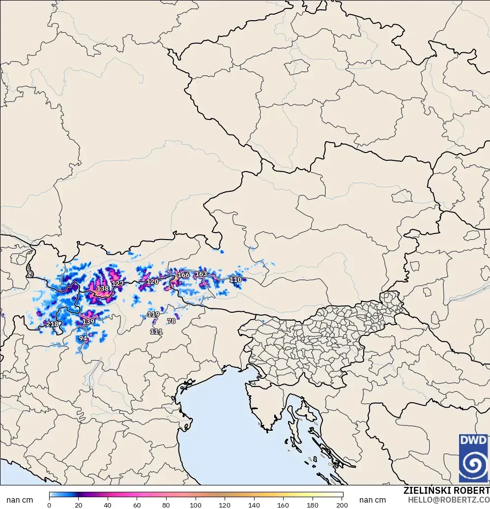 ICON Alemania 2 km modelo - Austria, Profundidad de nieve