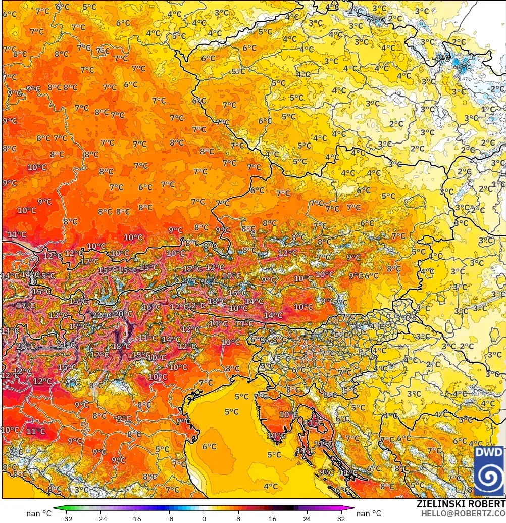 ICON Alemania 2 km modelo - Austria, Anomalía de temperatura a 2 m