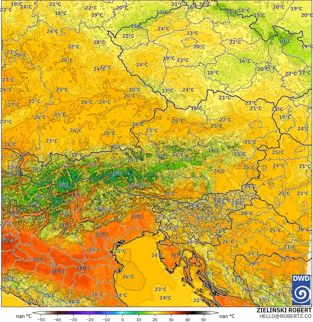ICON Alemania 2 km modelo - Austria, Temperatura a 2 m