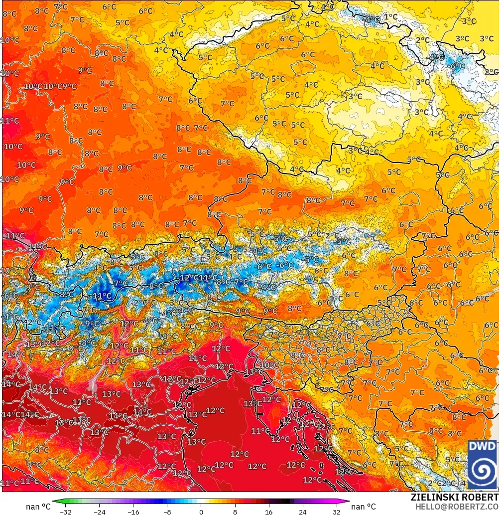 ICON Alemania 2 km modelo - Austria, Anomalía de temperatura a 850 hPa