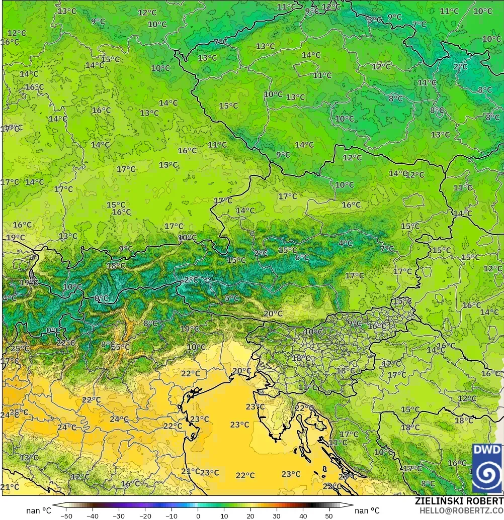 ICON Alemania 2 km modelo - Austria, Temperatura a 850 hPa