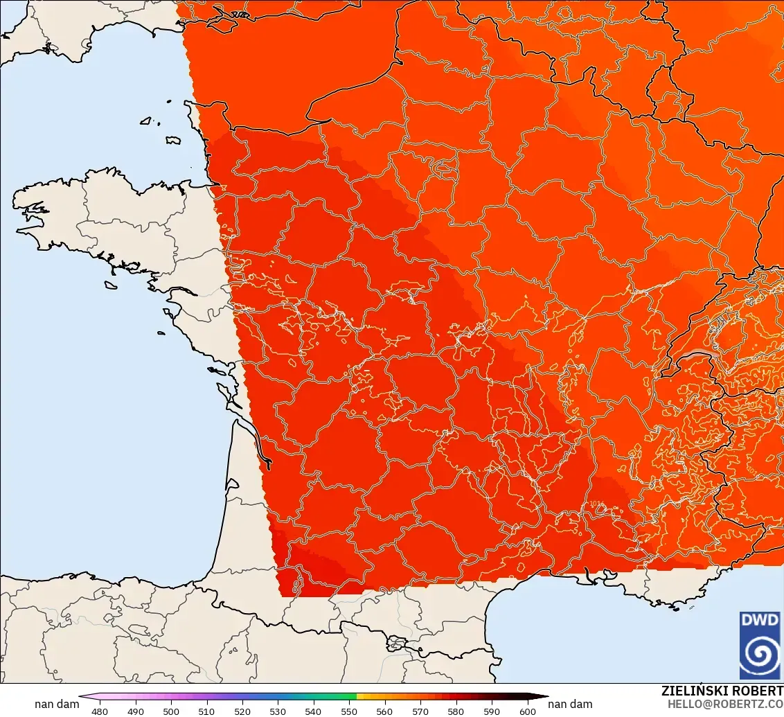 ICON Alemania 2 km modelo - Francia, Altura geopotencial a 500 hPa