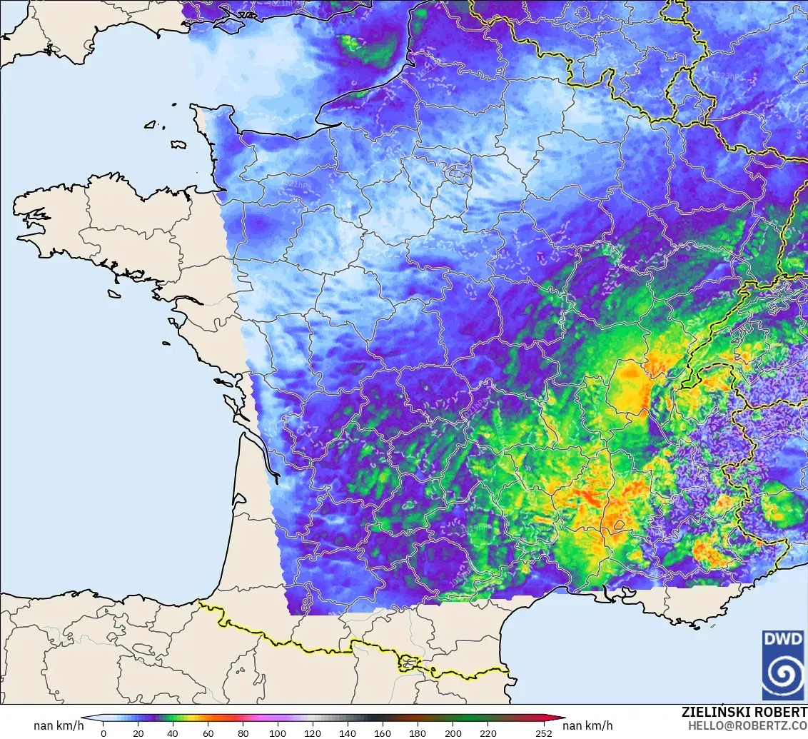 ICON Alemania 2 km modelo - Francia, Ráfagas de viento